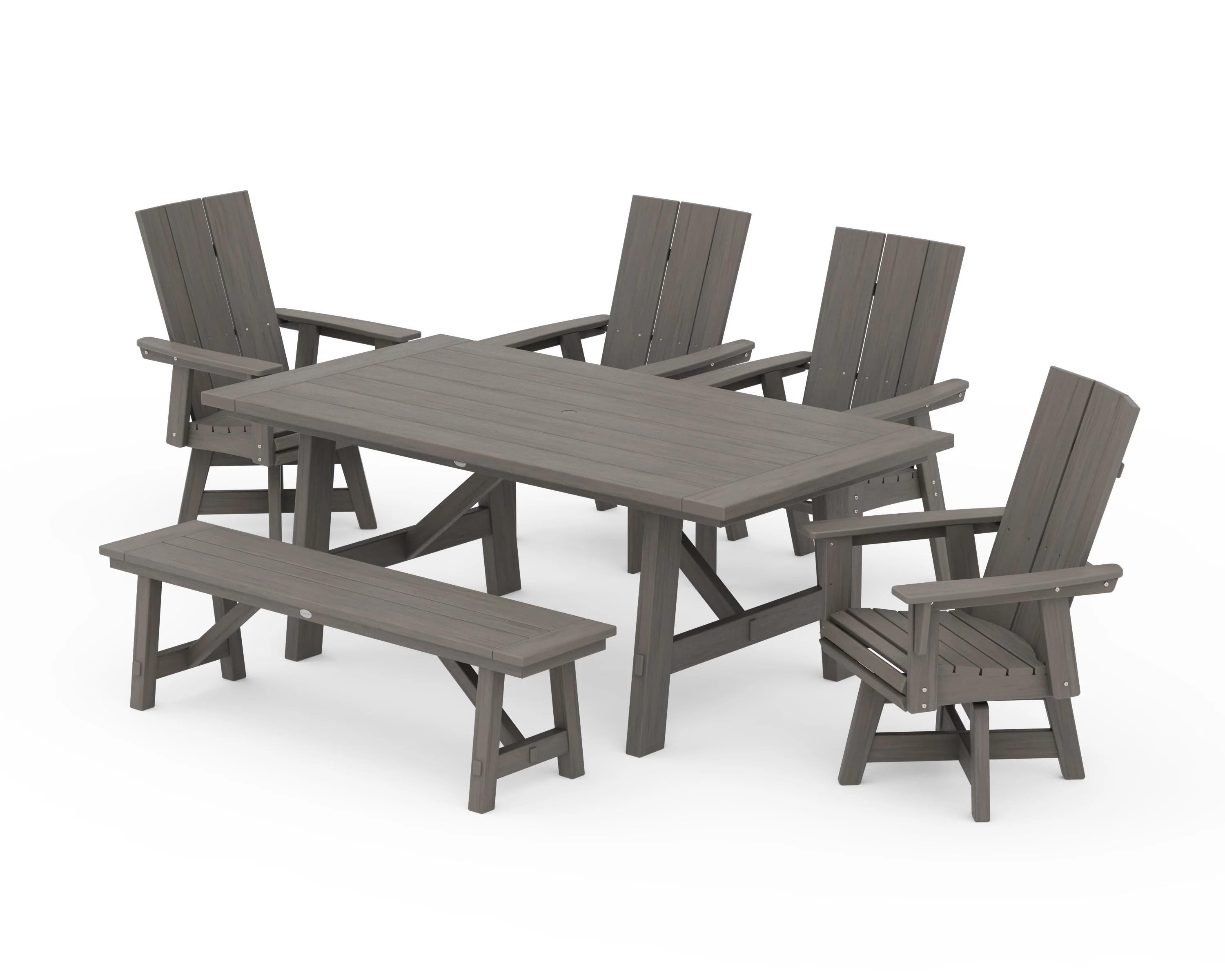 Modern Curveback Adirondack Swivel Chair 6-Piece Rustic Farmhouse Dining Set with Bench - Image 13