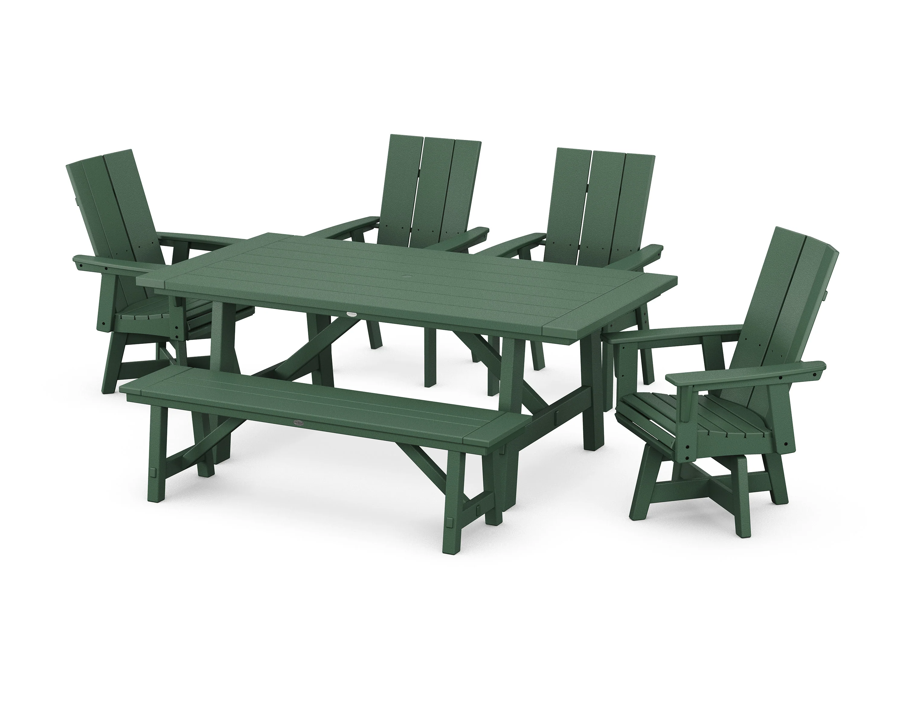 Modern Curveback Adirondack Swivel Chair 6-Piece Rustic Farmhouse Dining Set with Bench - Image 4
