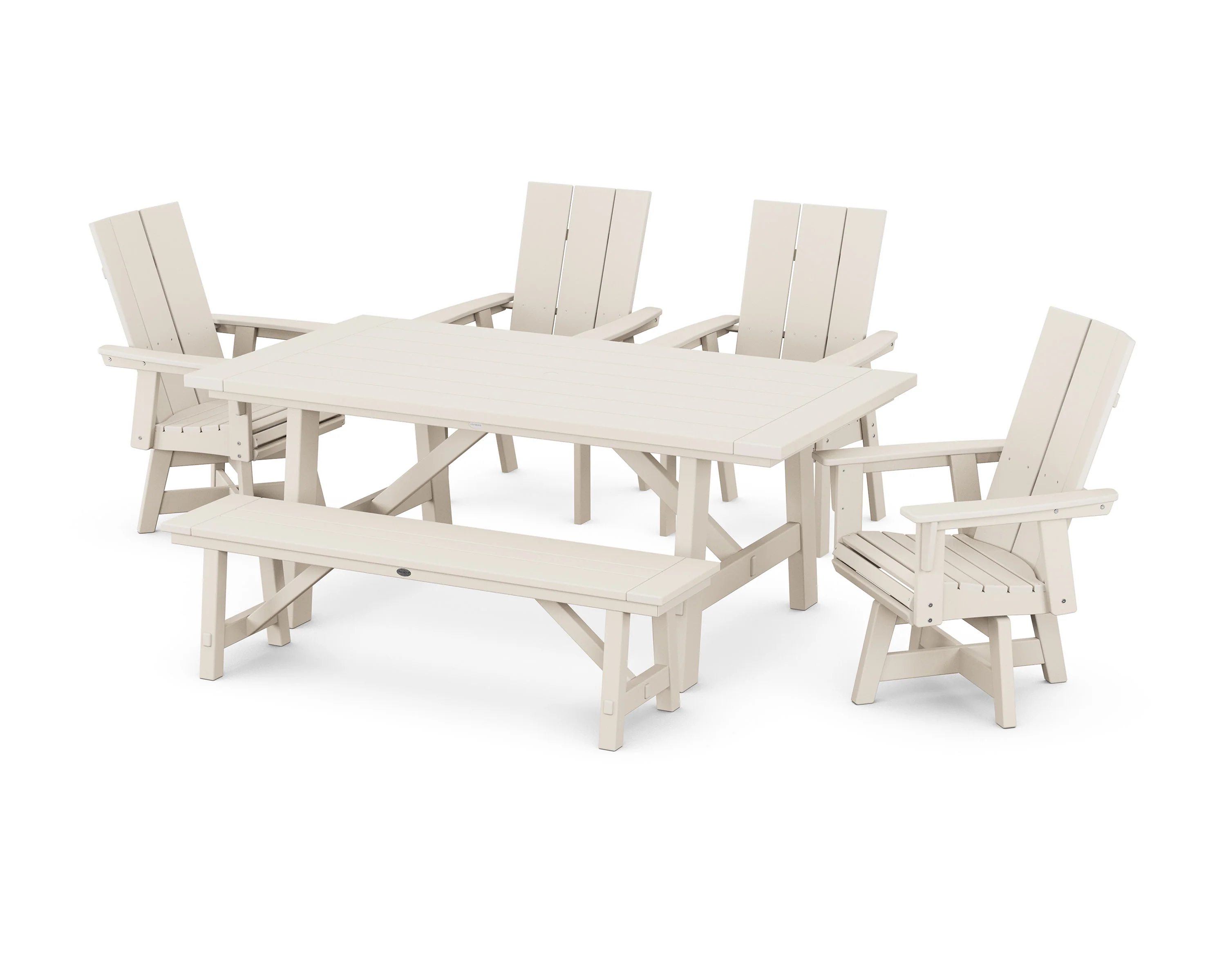 Modern Curveback Adirondack Swivel Chair 6-Piece Rustic Farmhouse Dining Set with Bench - Image 5