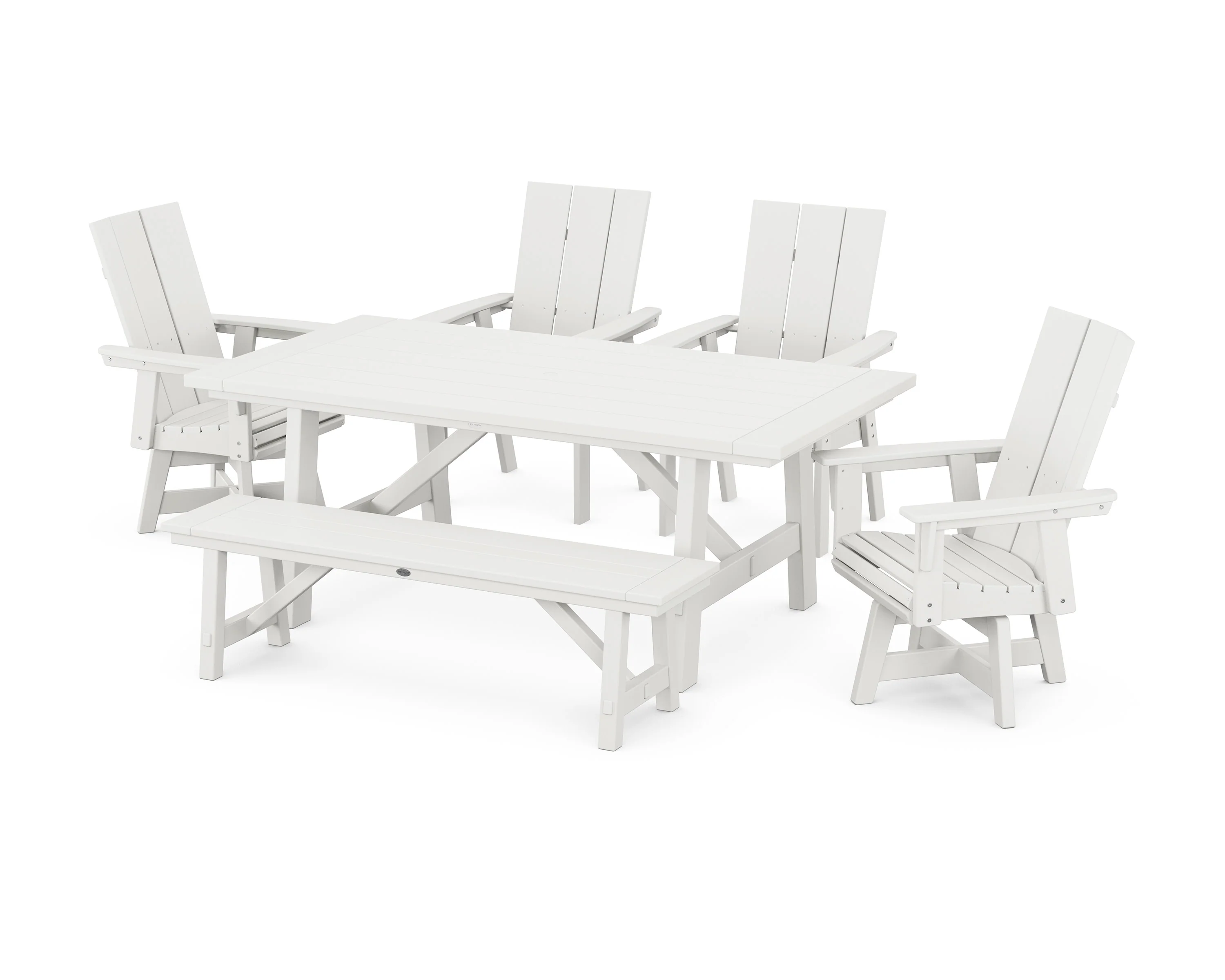 Modern Curveback Adirondack Swivel Chair 6-Piece Rustic Farmhouse Dining Set with Bench - Image 6