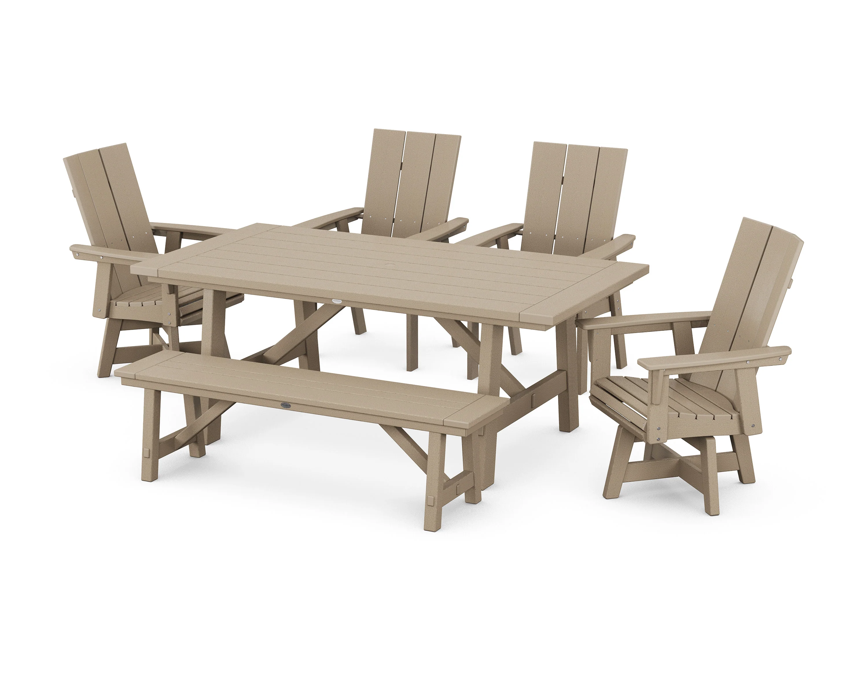 Modern Curveback Adirondack Swivel Chair 6-Piece Rustic Farmhouse Dining Set with Bench - Image 7