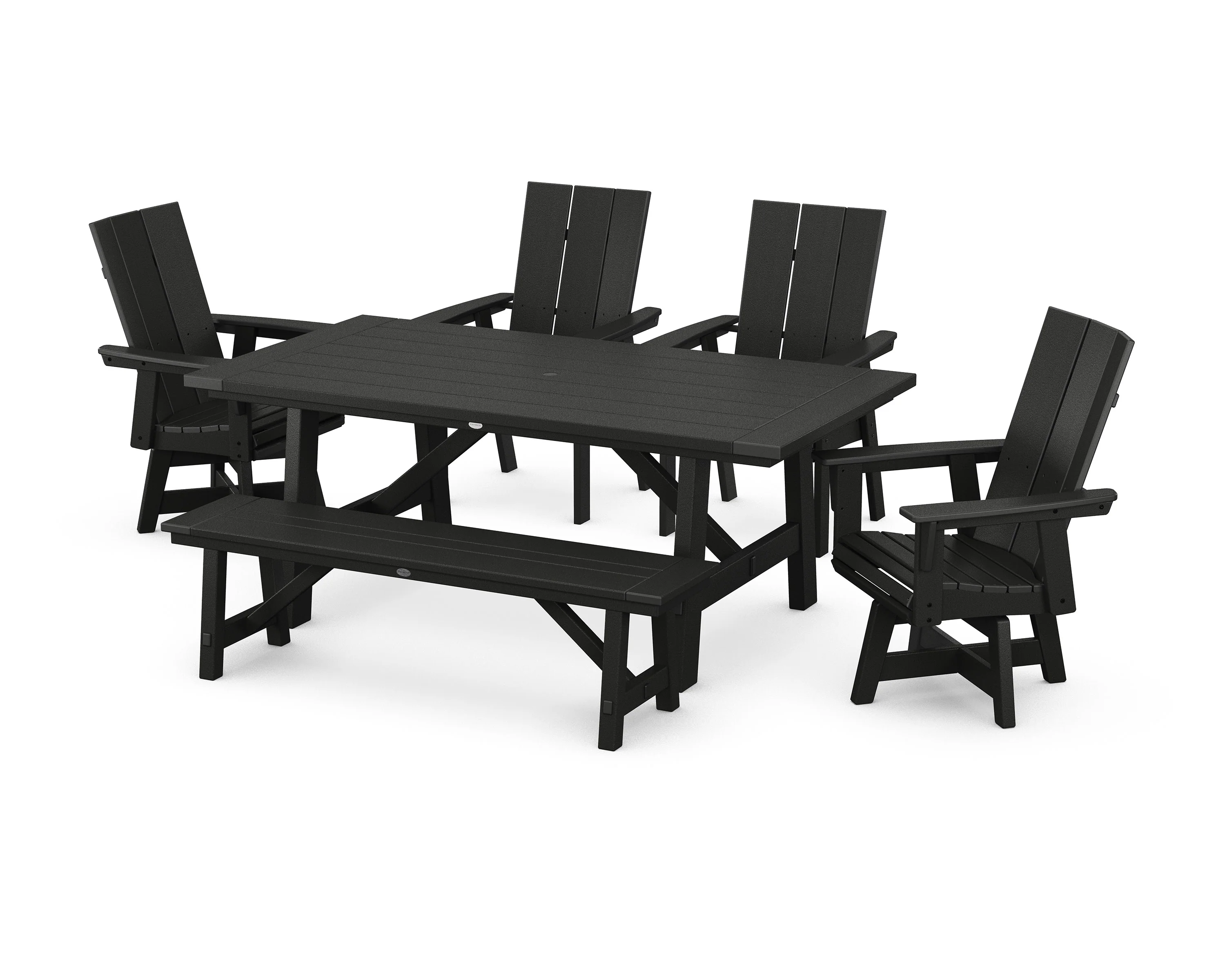 Modern Curveback Adirondack Swivel Chair 6-Piece Rustic Farmhouse Dining Set with Bench - Image 9