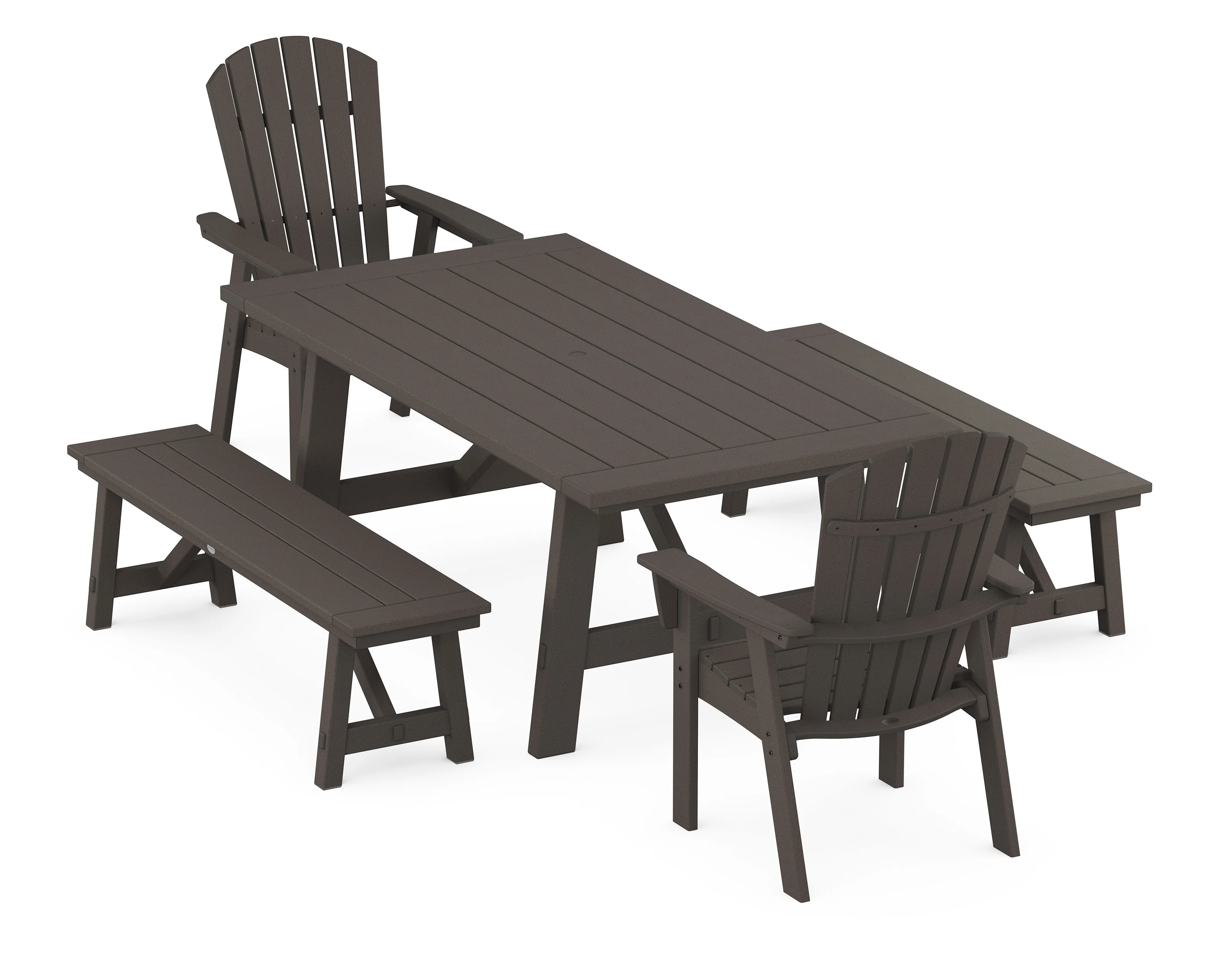 Nautical Curveback Adirondack 5-Piece Rustic Farmhouse Dining Set With Benches - Image 11