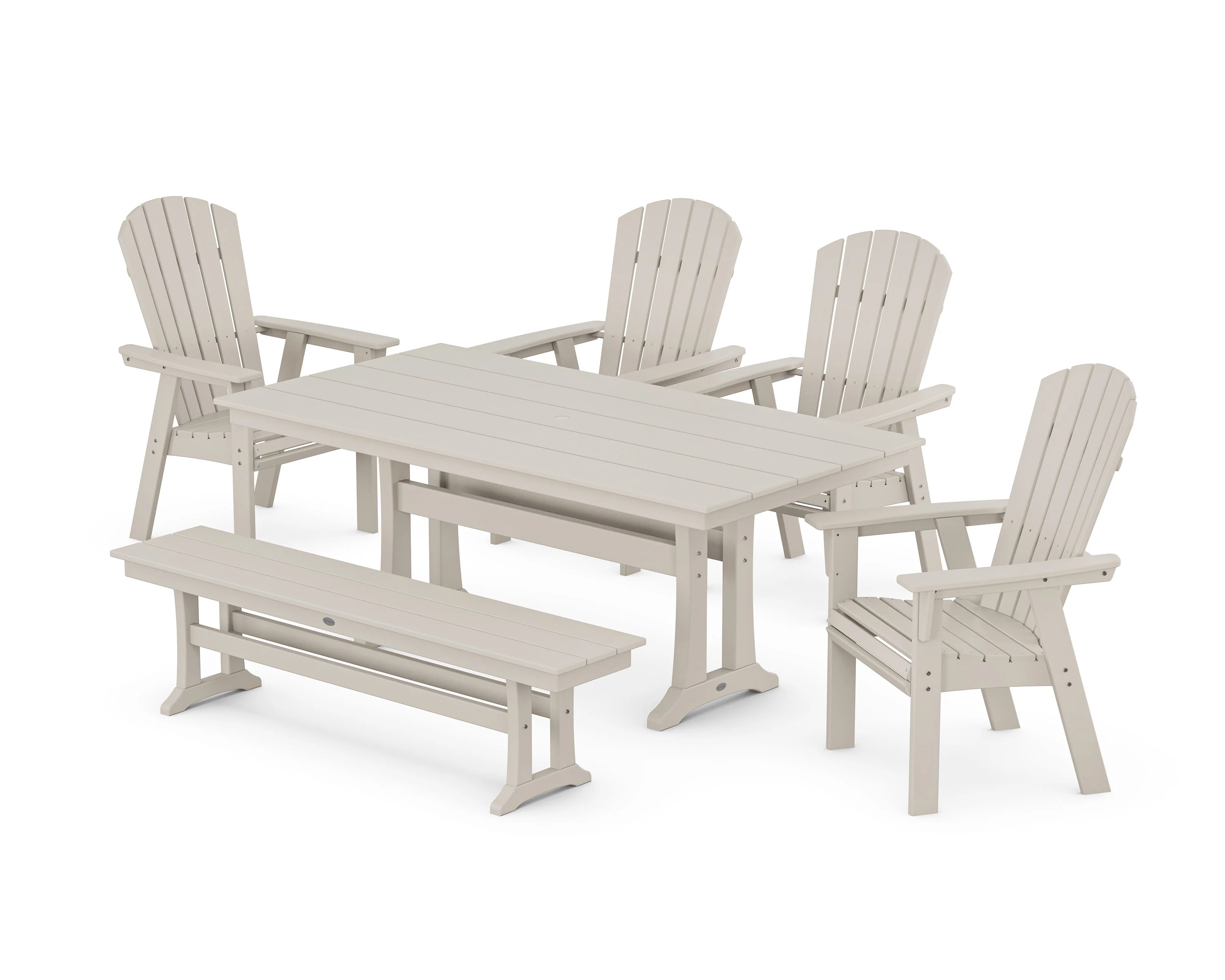 Nautical Curveback Adirondack 6-Piece Farmhouse Dining Set with Trestle Legs and Bench - Image 7