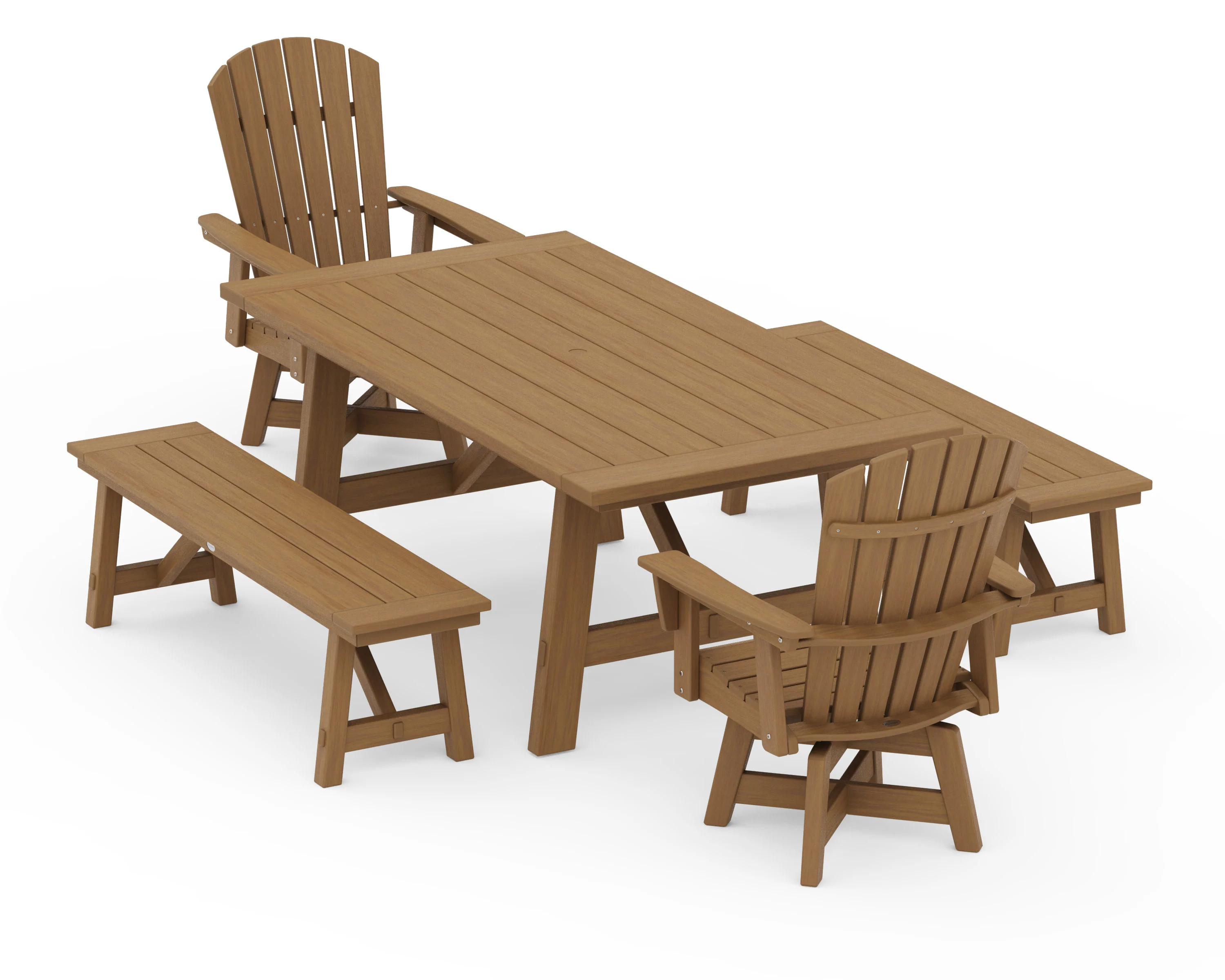 Nautical Curveback Adirondack Swivel Chair 5-Piece Rustic Farmhouse Dining Set With Benches - Image 15