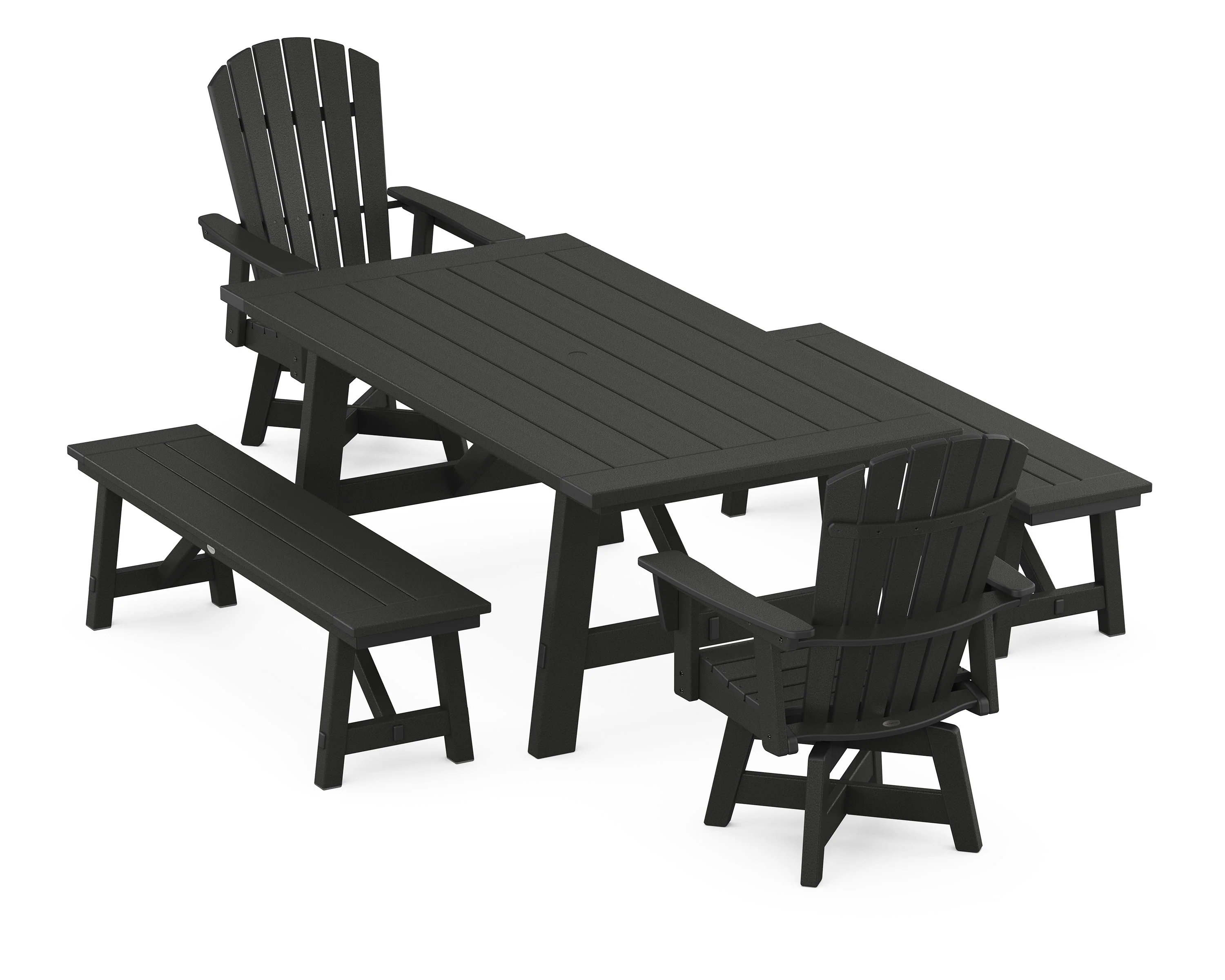 Nautical Curveback Adirondack Swivel Chair 5-Piece Rustic Farmhouse Dining Set With Benches - Image 6