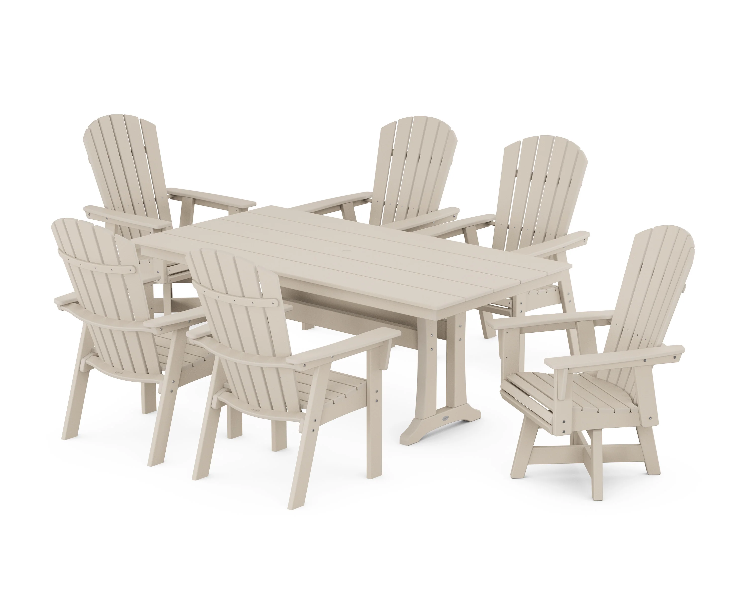 Nautical Curveback Adirondack Swivel Chair 7-Piece Farmhouse Dining Set With Trestle Legs - Image 6