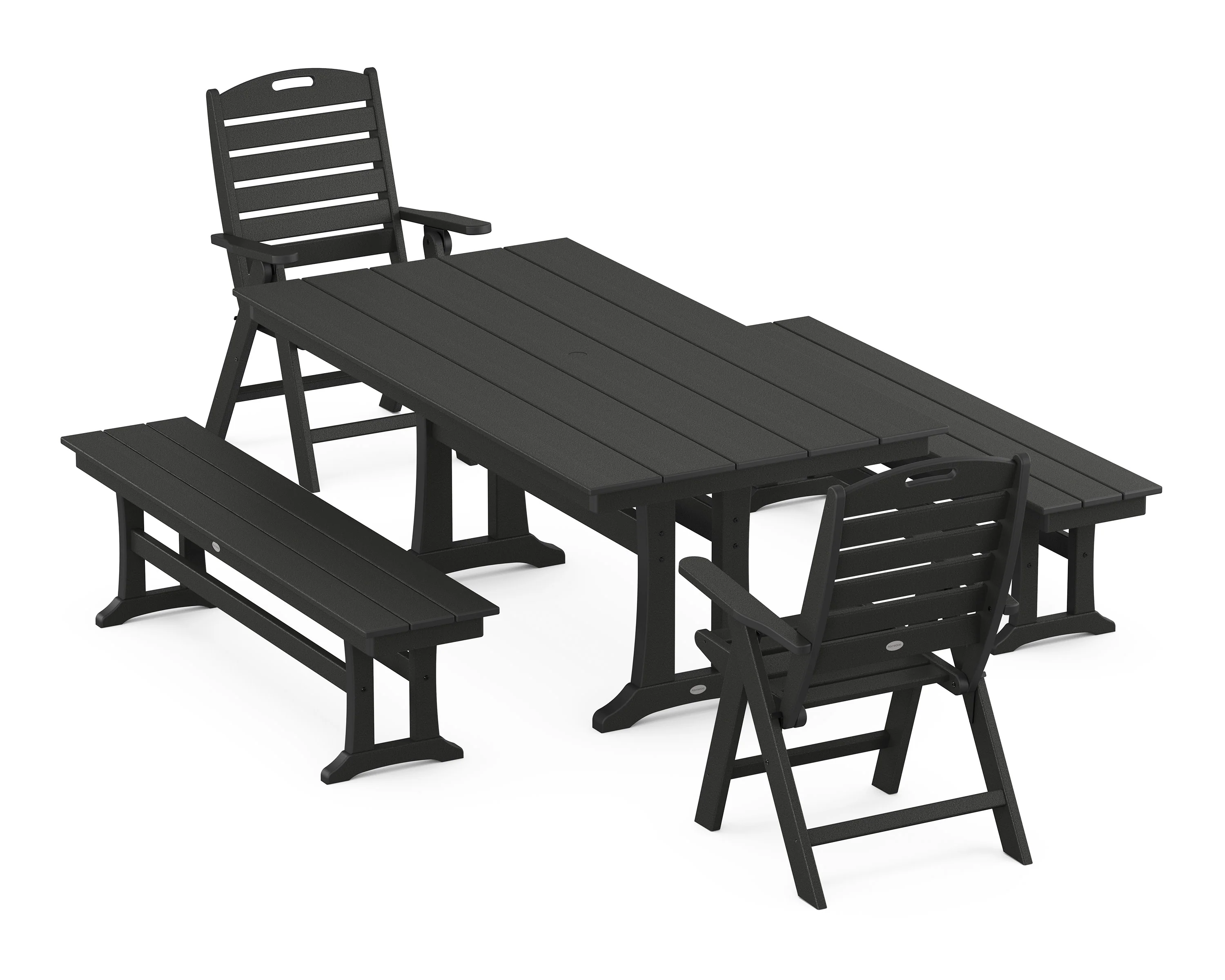 Nautical Folding Highback Chair 5-Piece Farmhouse Dining Set With Trestle Legs and Benches - Image 11