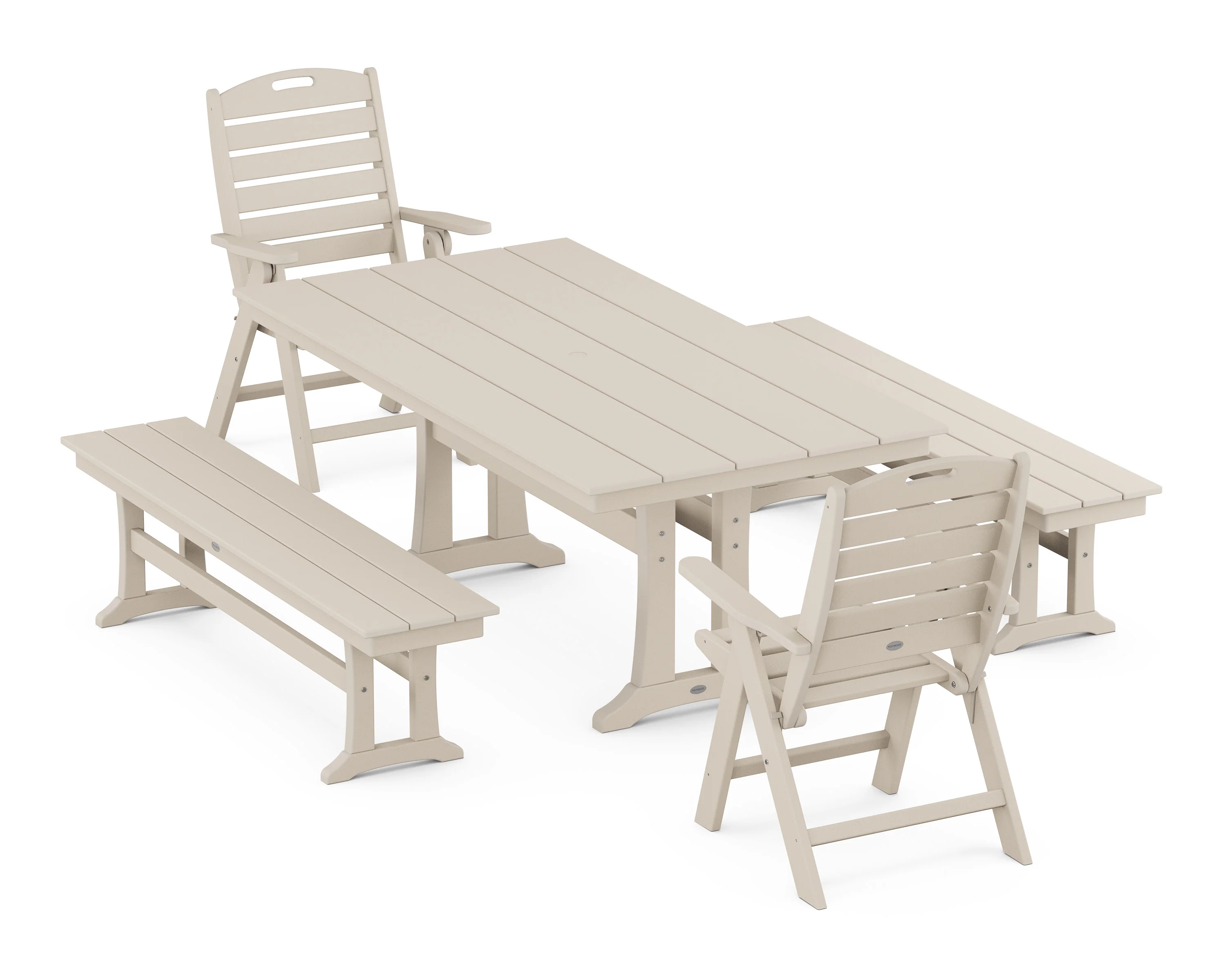Nautical Folding Highback Chair 5-Piece Farmhouse Dining Set With Trestle Legs and Benches - Image 12