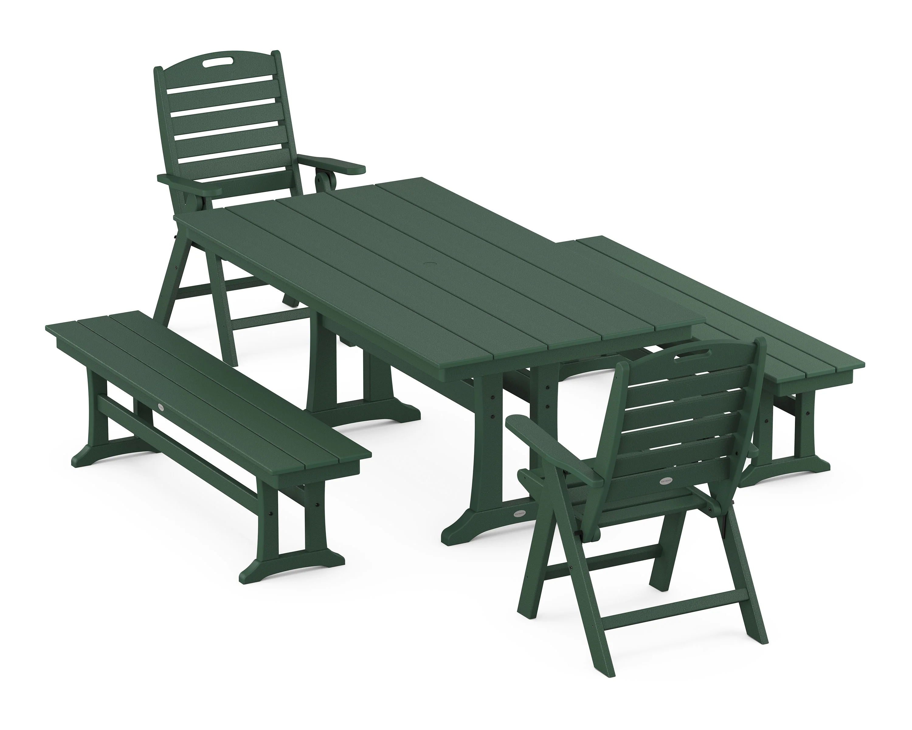 Nautical Folding Highback Chair 5-Piece Farmhouse Dining Set With Trestle Legs and Benches - Image 4