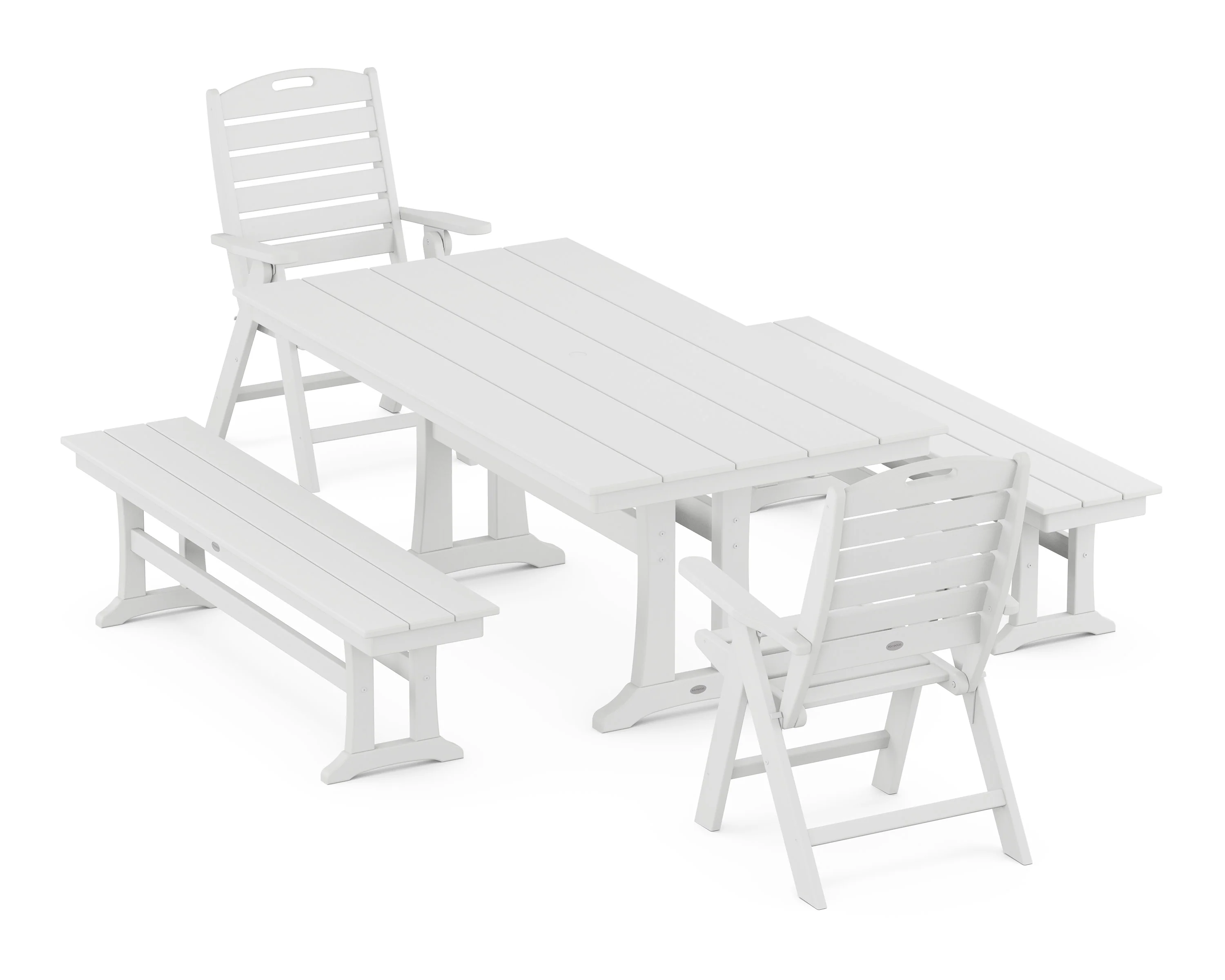 Nautical Folding Highback Chair 5-Piece Farmhouse Dining Set With Trestle Legs and Benches - Image 5