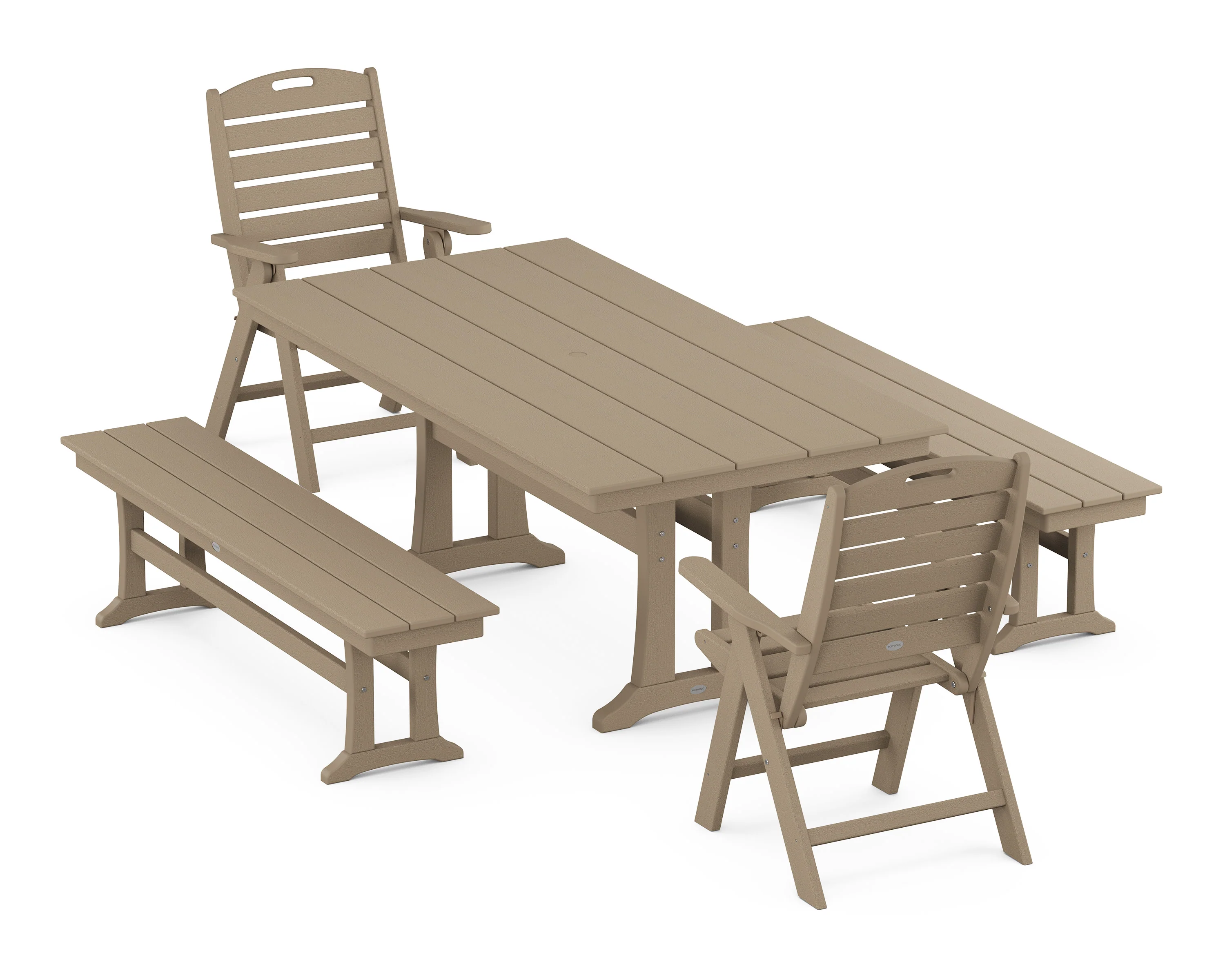 Nautical Folding Highback Chair 5-Piece Farmhouse Dining Set With Trestle Legs and Benches - Image 6