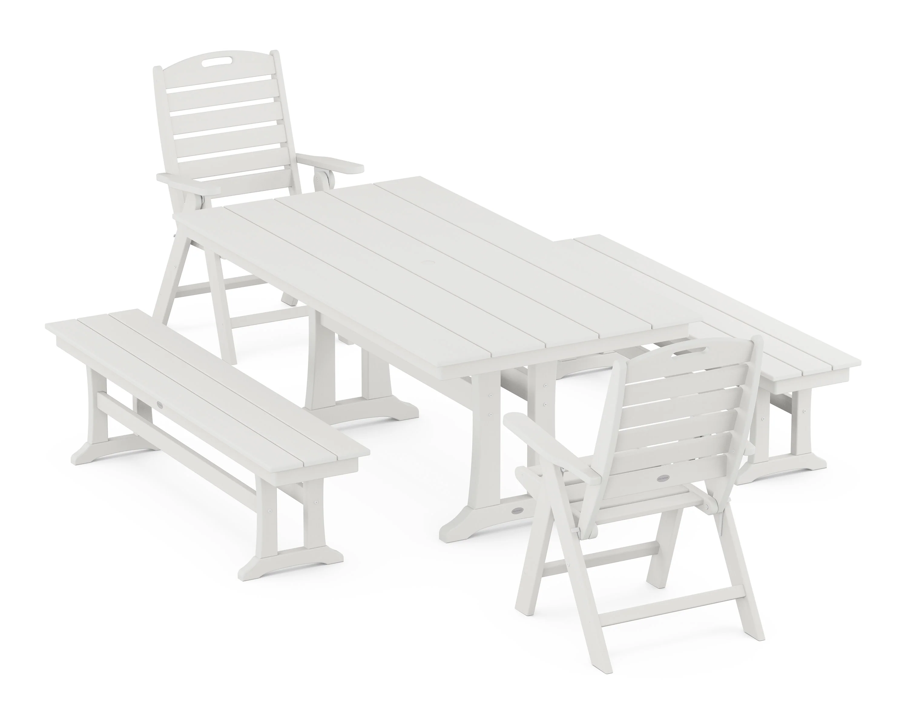 Nautical Folding Highback Chair 5-Piece Farmhouse Dining Set With Trestle Legs and Benches - Image 7