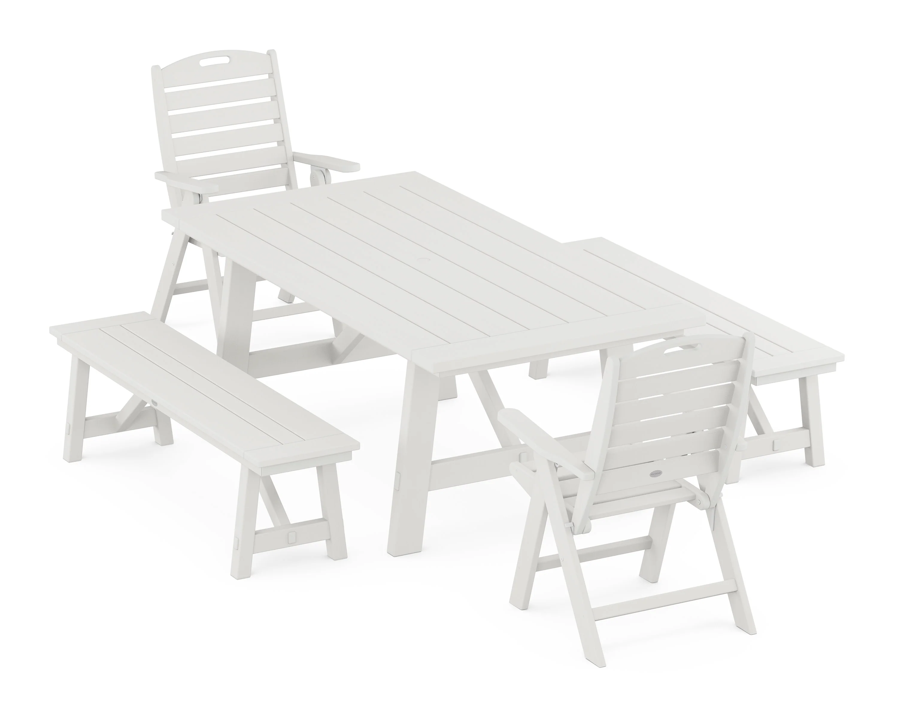Nautical Folding Highback Chair 5-Piece Rustic Farmhouse Dining Set With Benches - Image 4