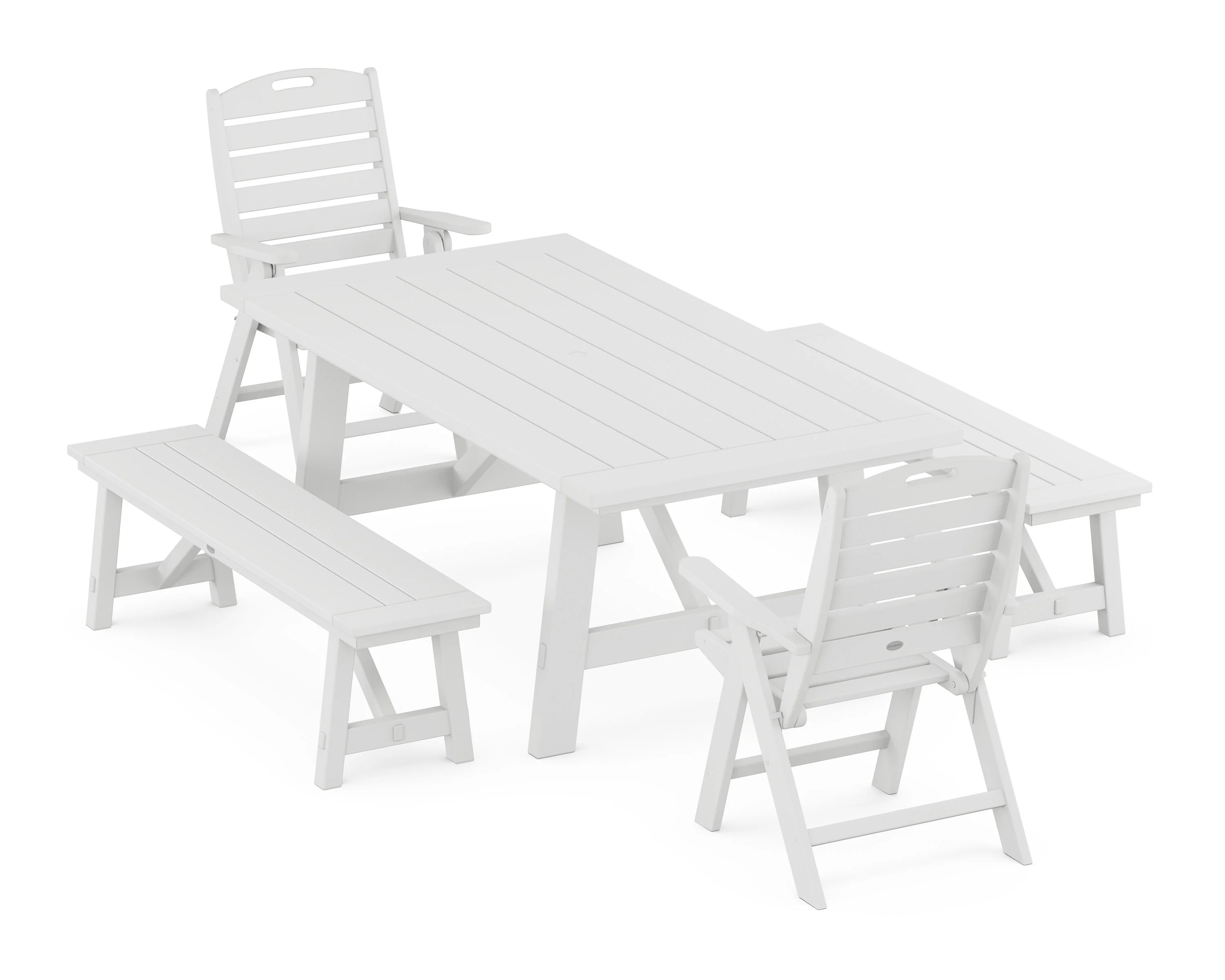 Nautical Folding Highback Chair 5-Piece Rustic Farmhouse Dining Set With Benches - Image 6