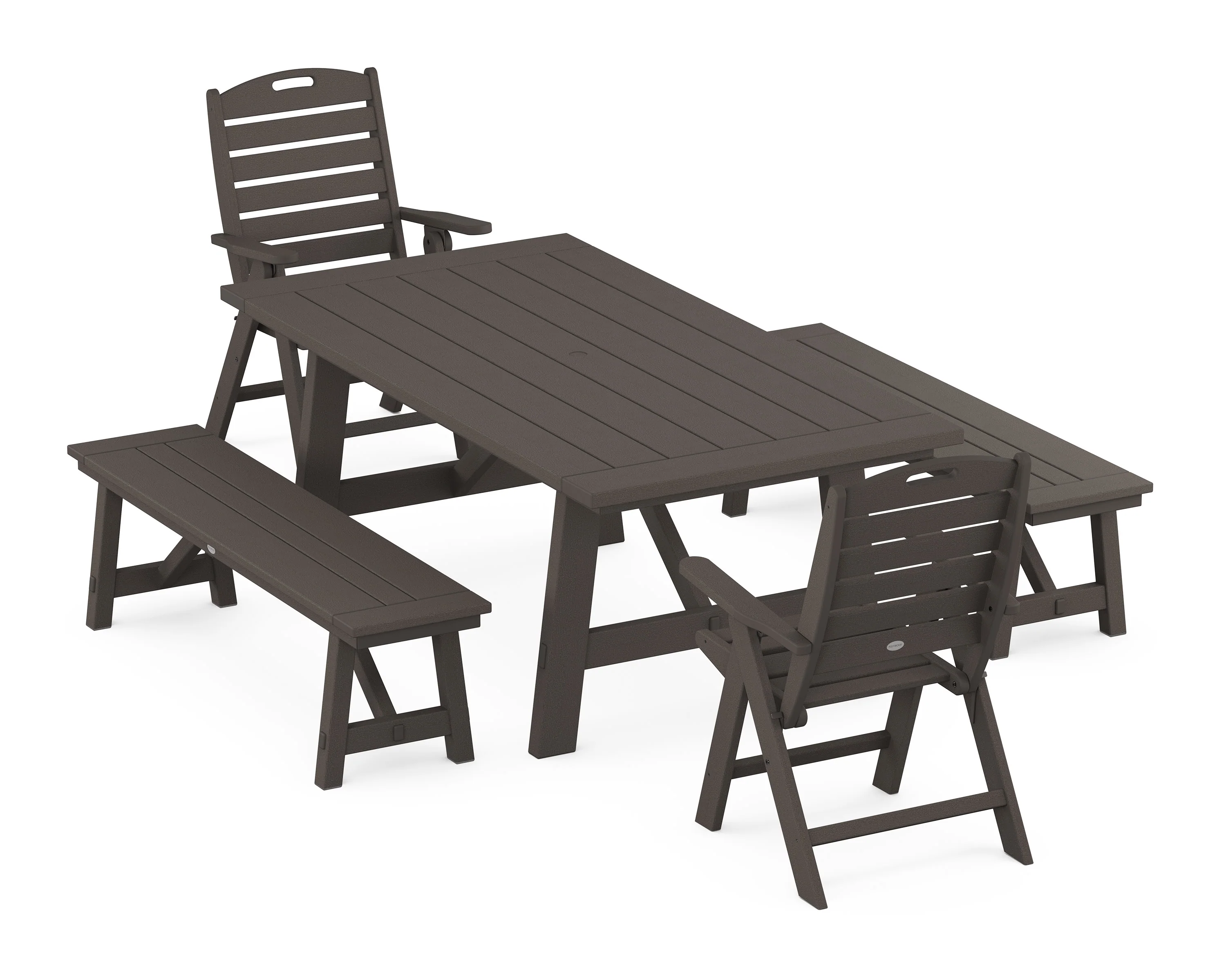 Nautical Folding Highback Chair 5-Piece Rustic Farmhouse Dining Set With Benches - Image 9