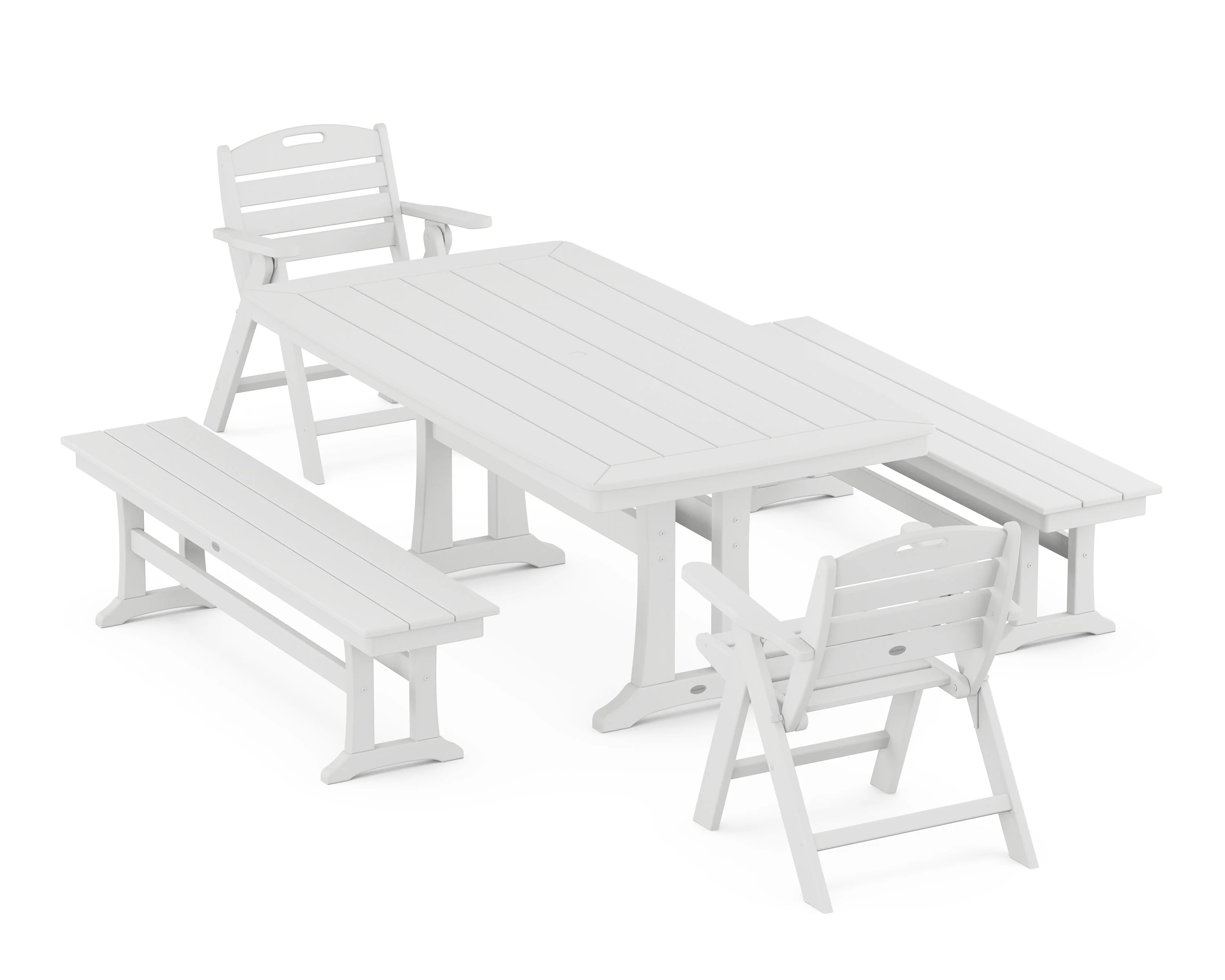 Nautical Folding Lowback Chair 5-Piece Dining Set with Trestle Legs and Benches - Image 7