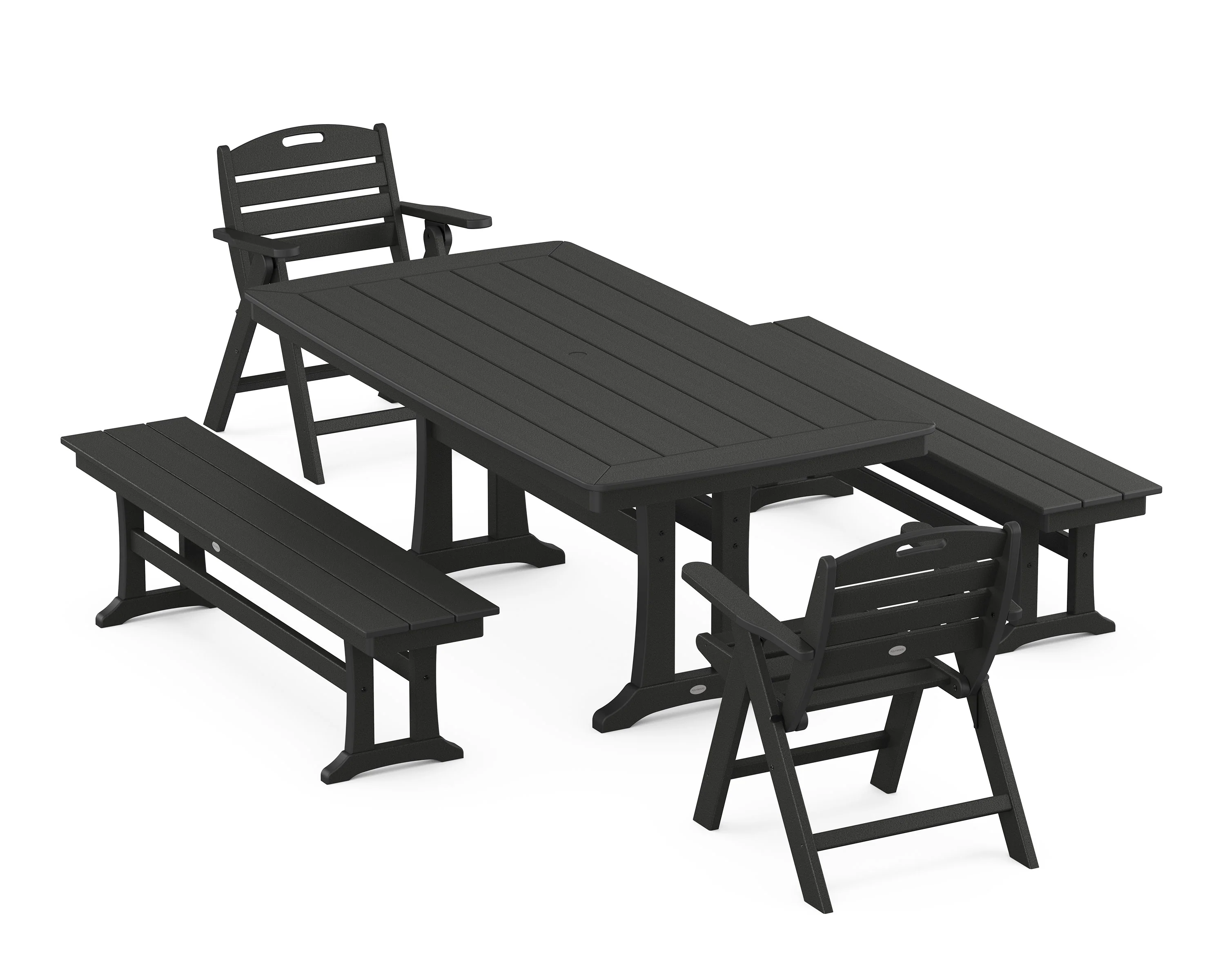 Nautical Folding Lowback Chair 5-Piece Dining Set with Trestle Legs and Benches - Image 8