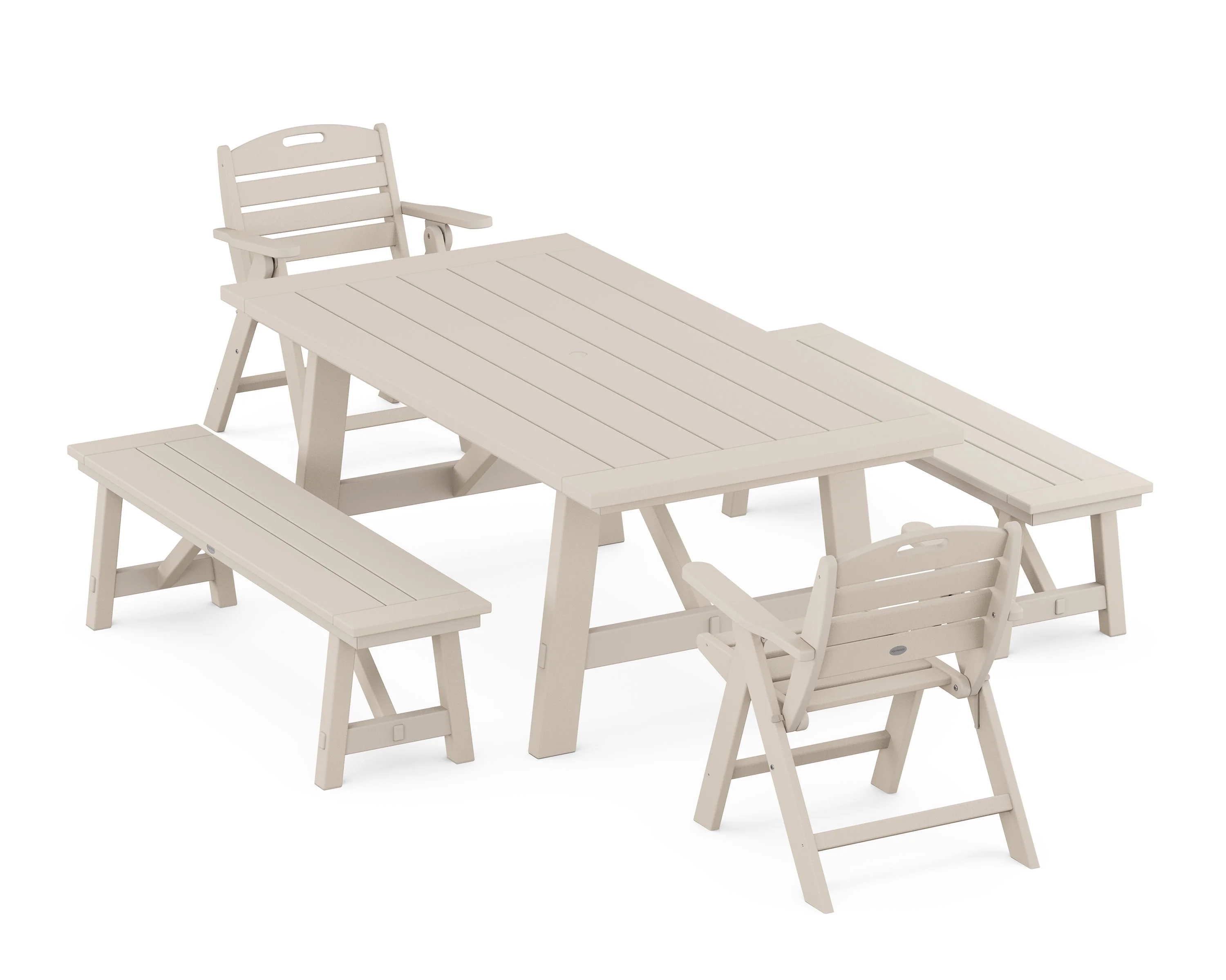 Nautical Folding Lowback Chair 5-Piece Rustic Farmhouse Dining Set With Benches - Image 5