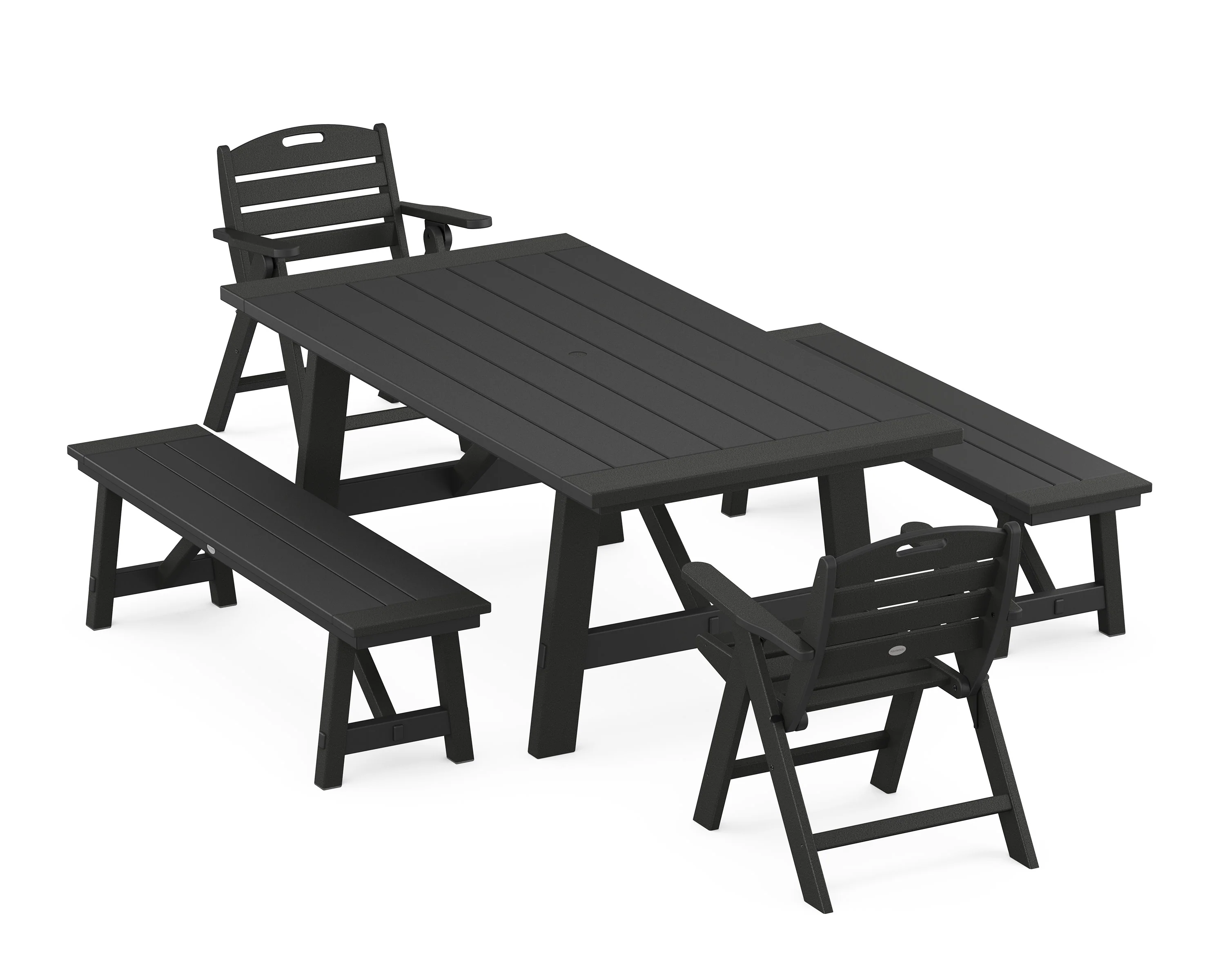 Nautical Folding Lowback Chair 5-Piece Rustic Farmhouse Dining Set With Benches - Image 7