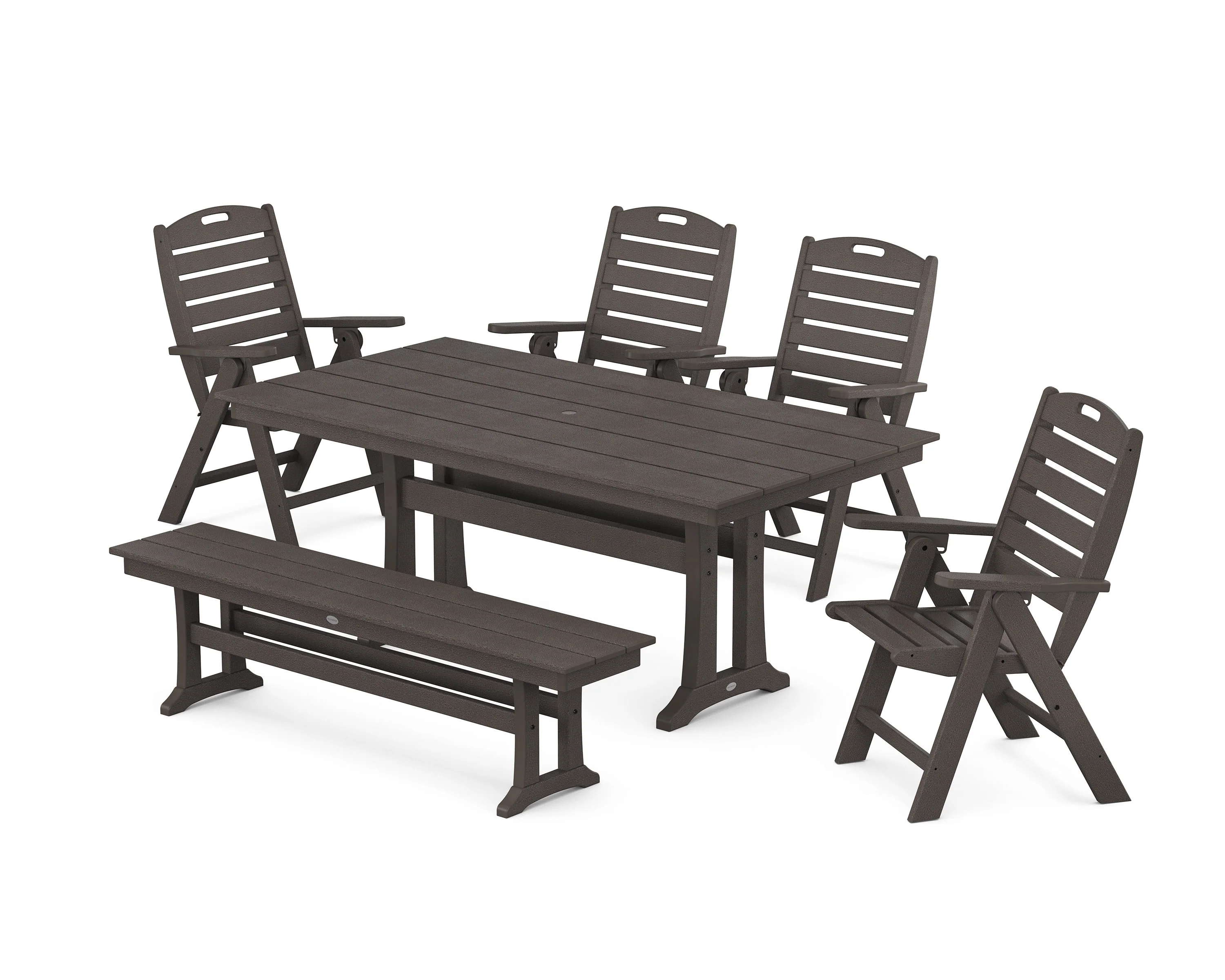 Nautical Highback 6-Piece Farmhouse Dining Set with Trestle Legs and Bench - Image 10