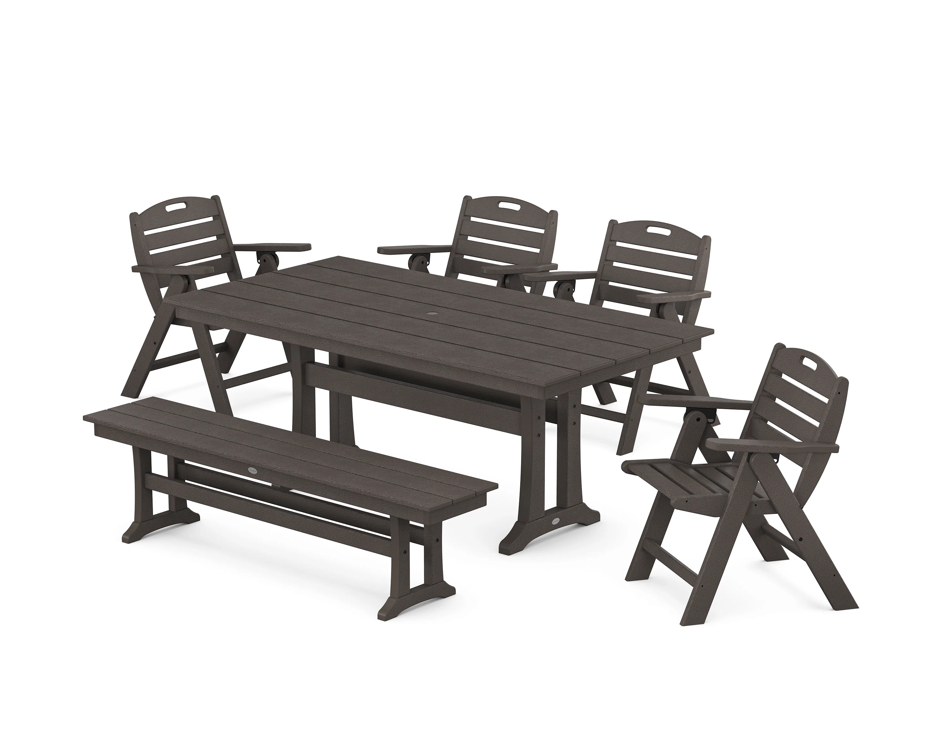 Nautical Lowback 6-Piece Farmhouse Dining Set with Trestle Legs and Bench - Image 10