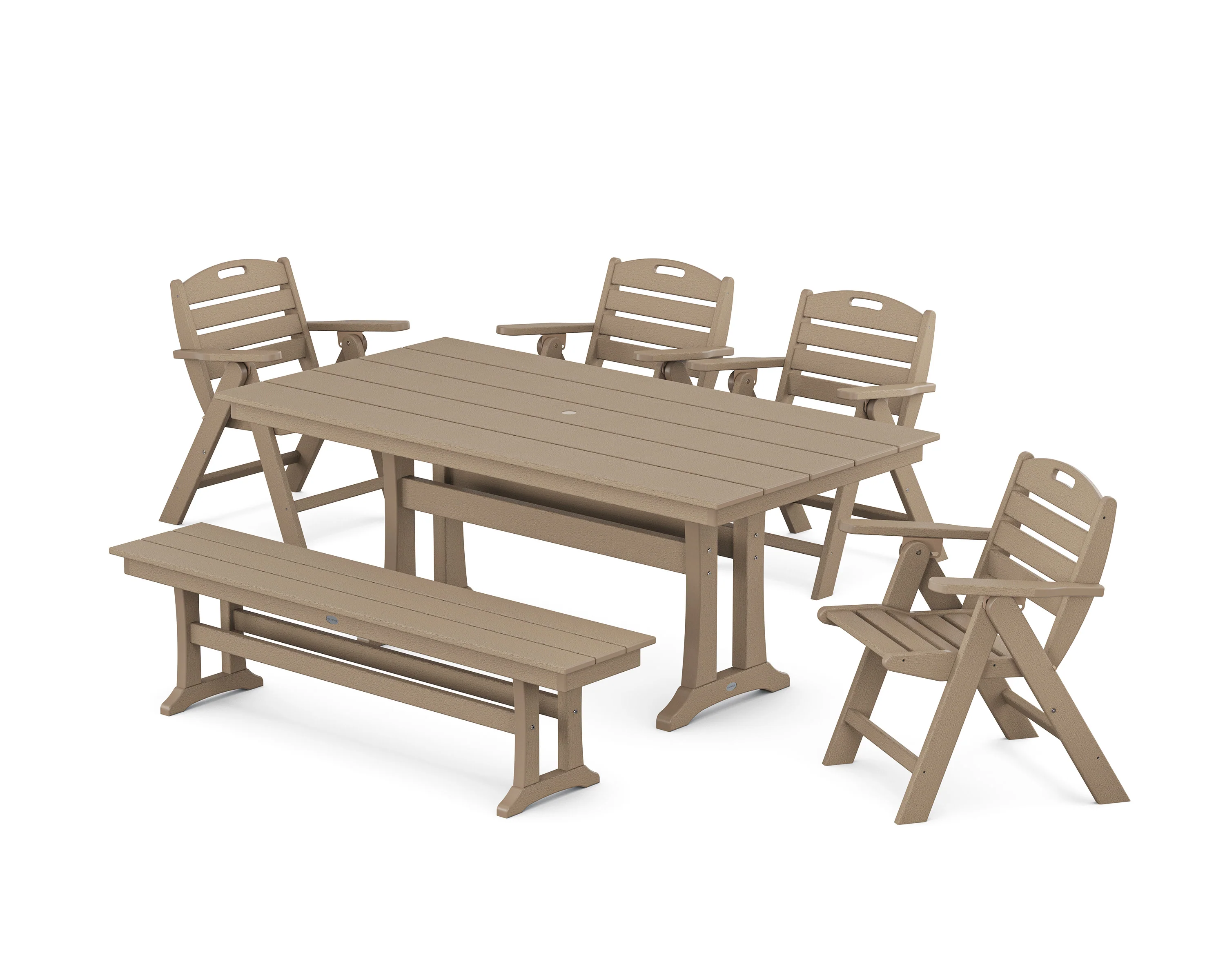Nautical Lowback 6-Piece Farmhouse Dining Set with Trestle Legs and Bench - Image 11