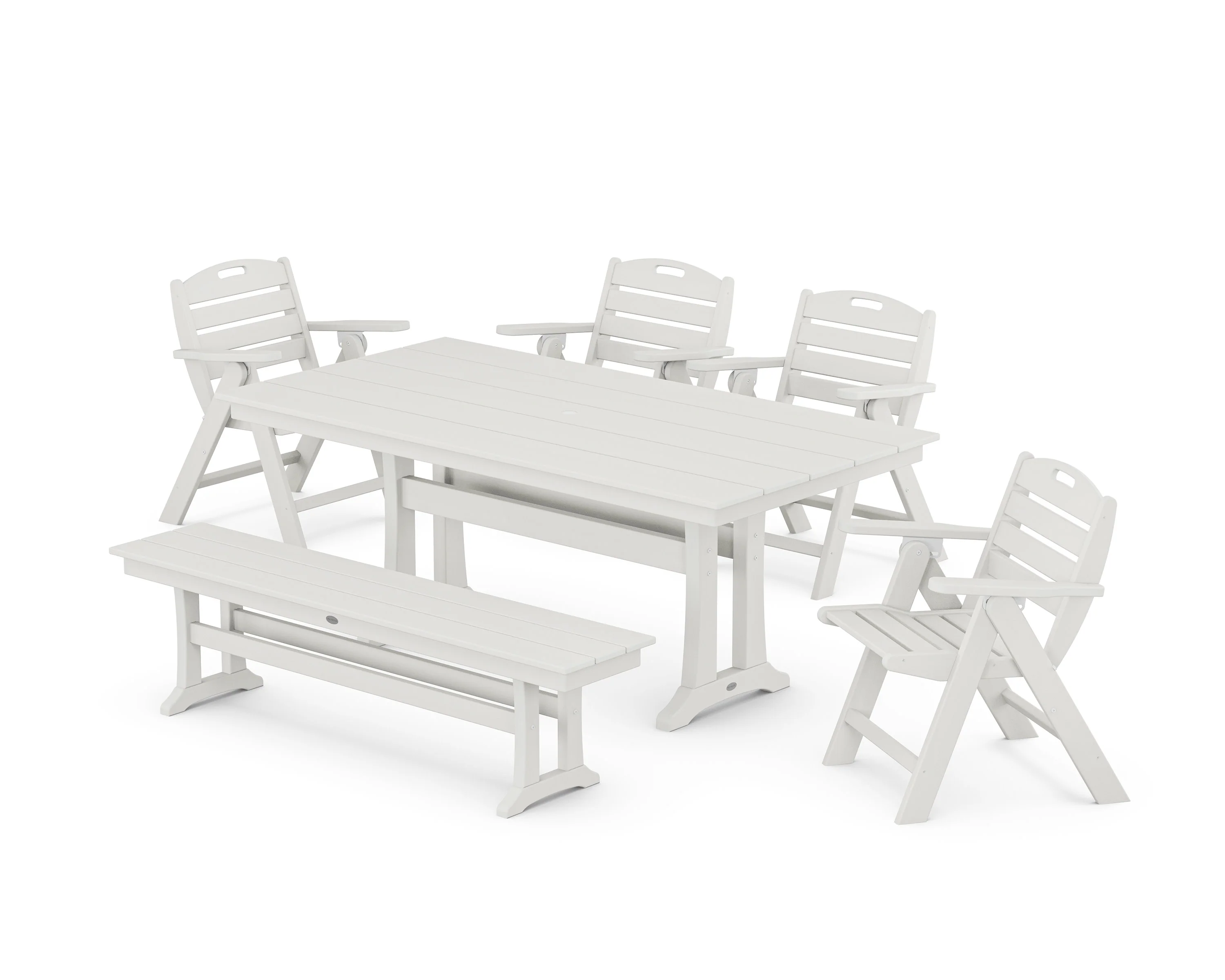 Nautical Lowback 6-Piece Farmhouse Dining Set with Trestle Legs and Bench - Image 12