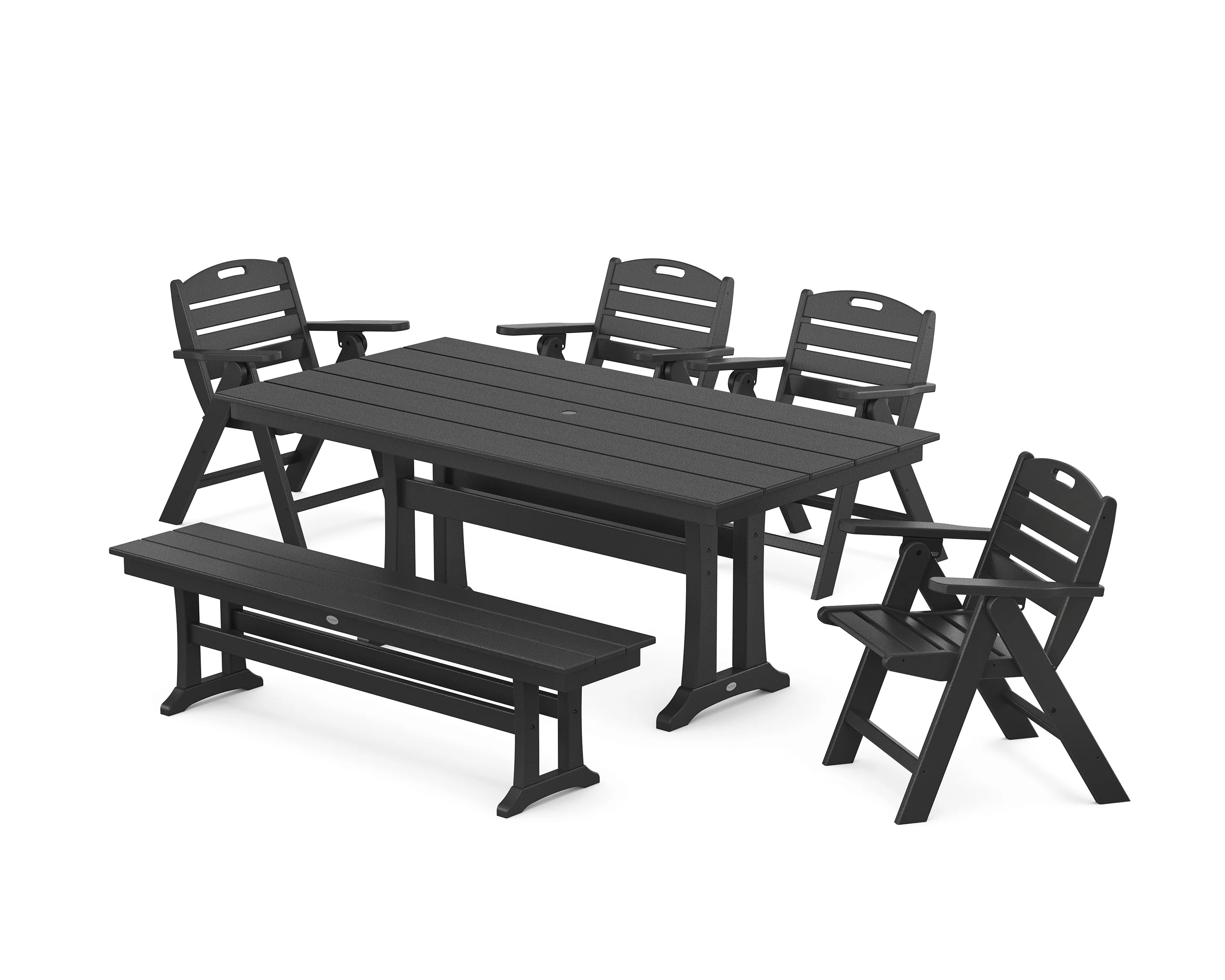 Nautical Lowback 6-Piece Farmhouse Dining Set with Trestle Legs and Bench - Image 4