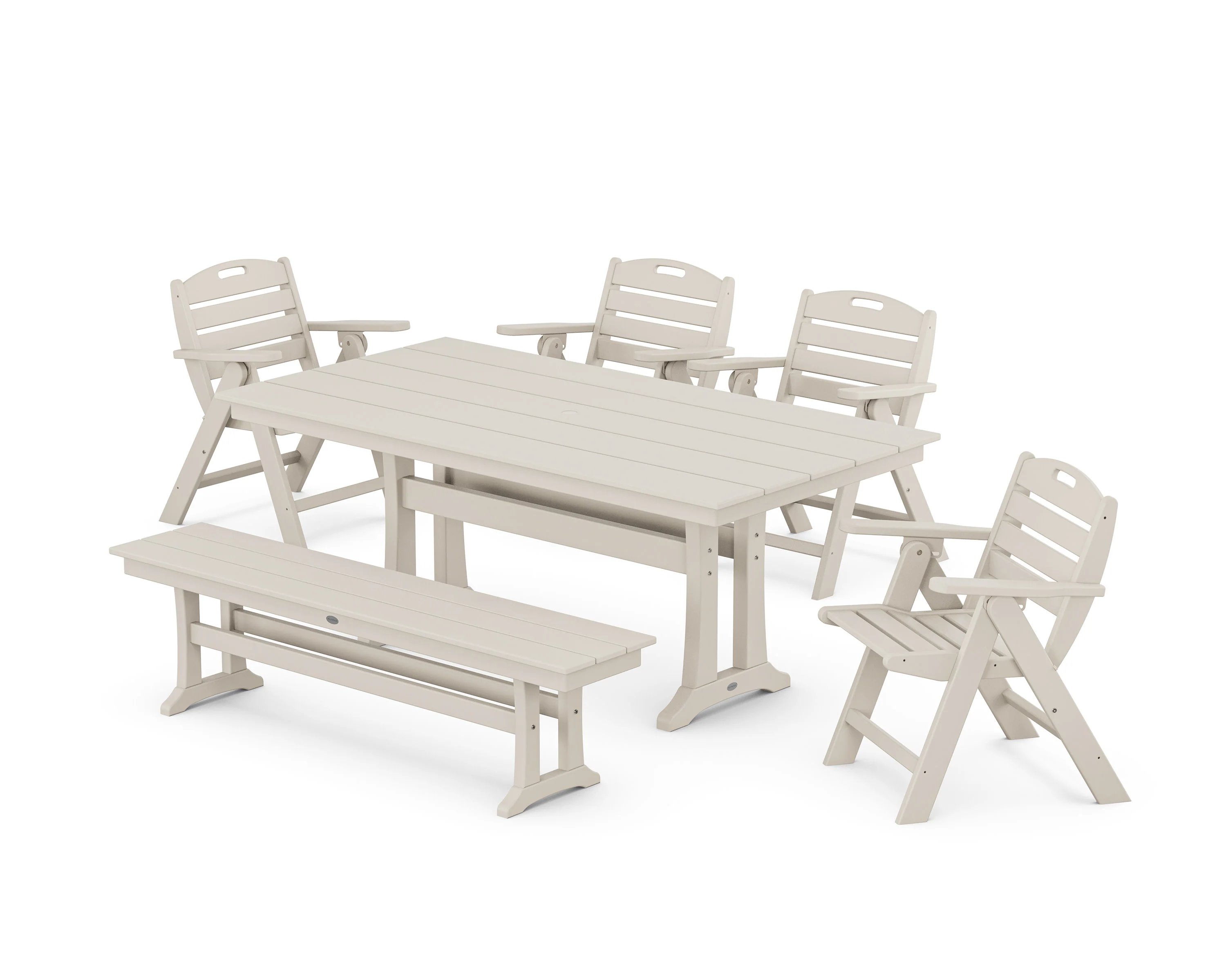 Nautical Lowback 6-Piece Farmhouse Dining Set with Trestle Legs and Bench - Image 7