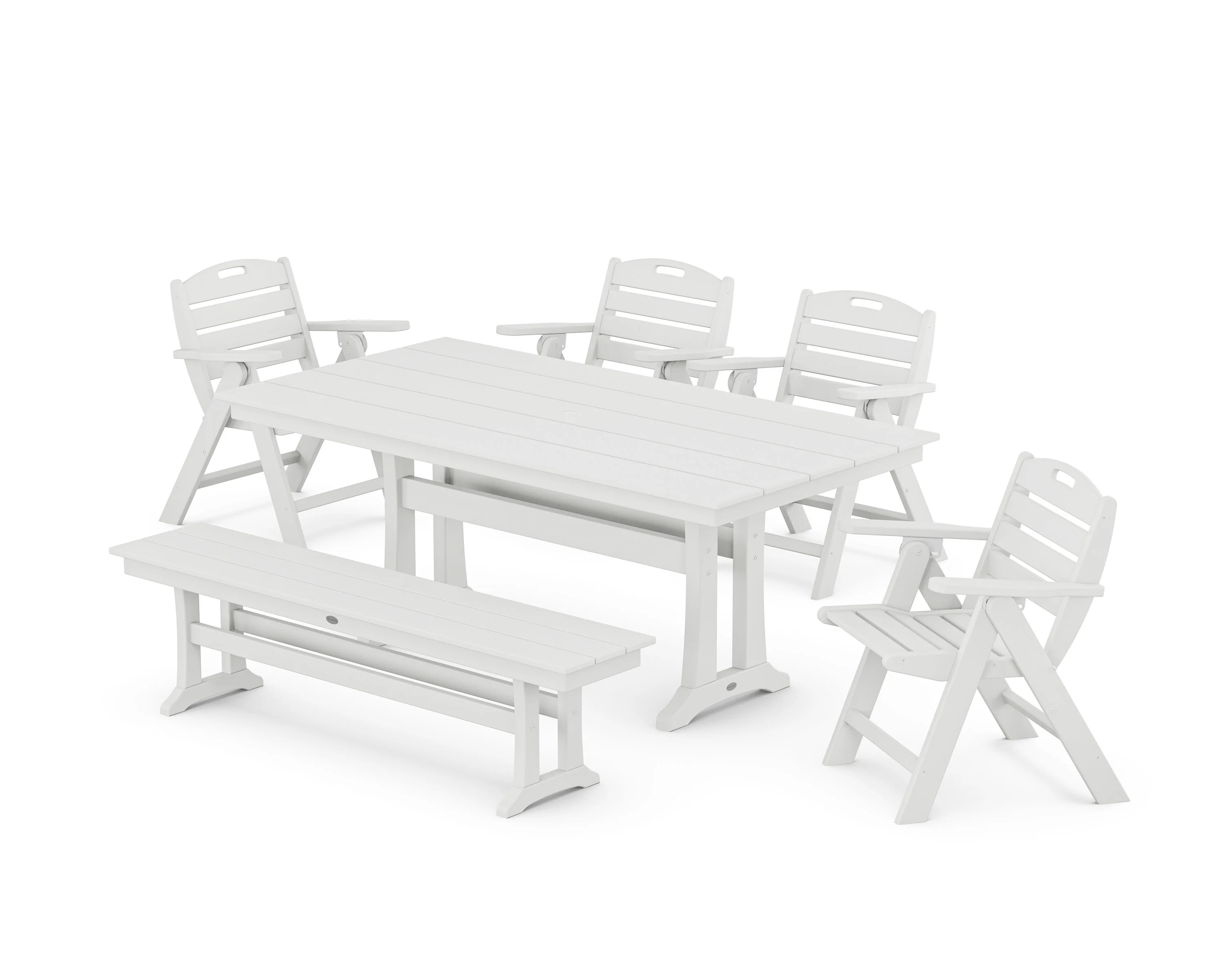 Nautical Lowback 6-Piece Farmhouse Dining Set with Trestle Legs and Bench - Image 9