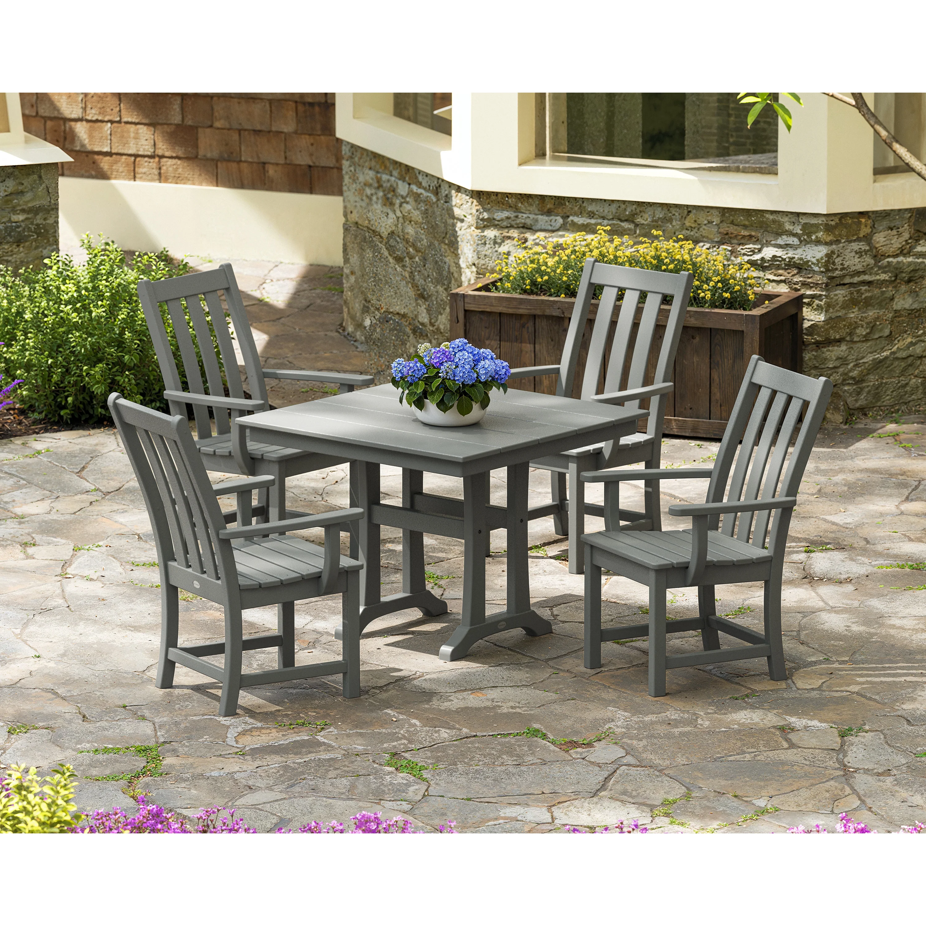 Vineyard 5-Piece Farmhouse Trestle Arm Chair Dining Set - Image 16