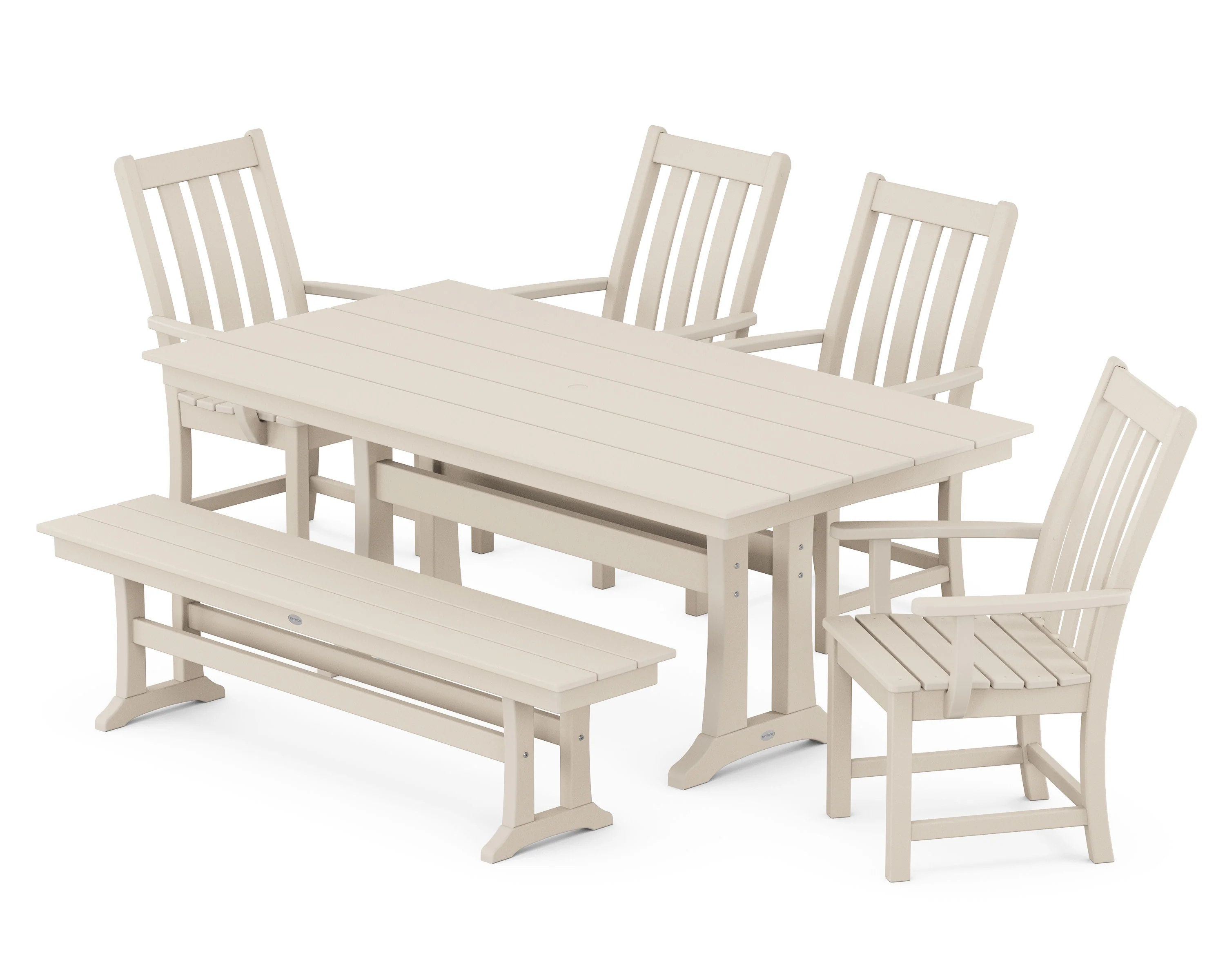 Vineyard 6-Piece Arm Chair Farmhouse Dining Set with Trestle Legs and Bench - Image 7