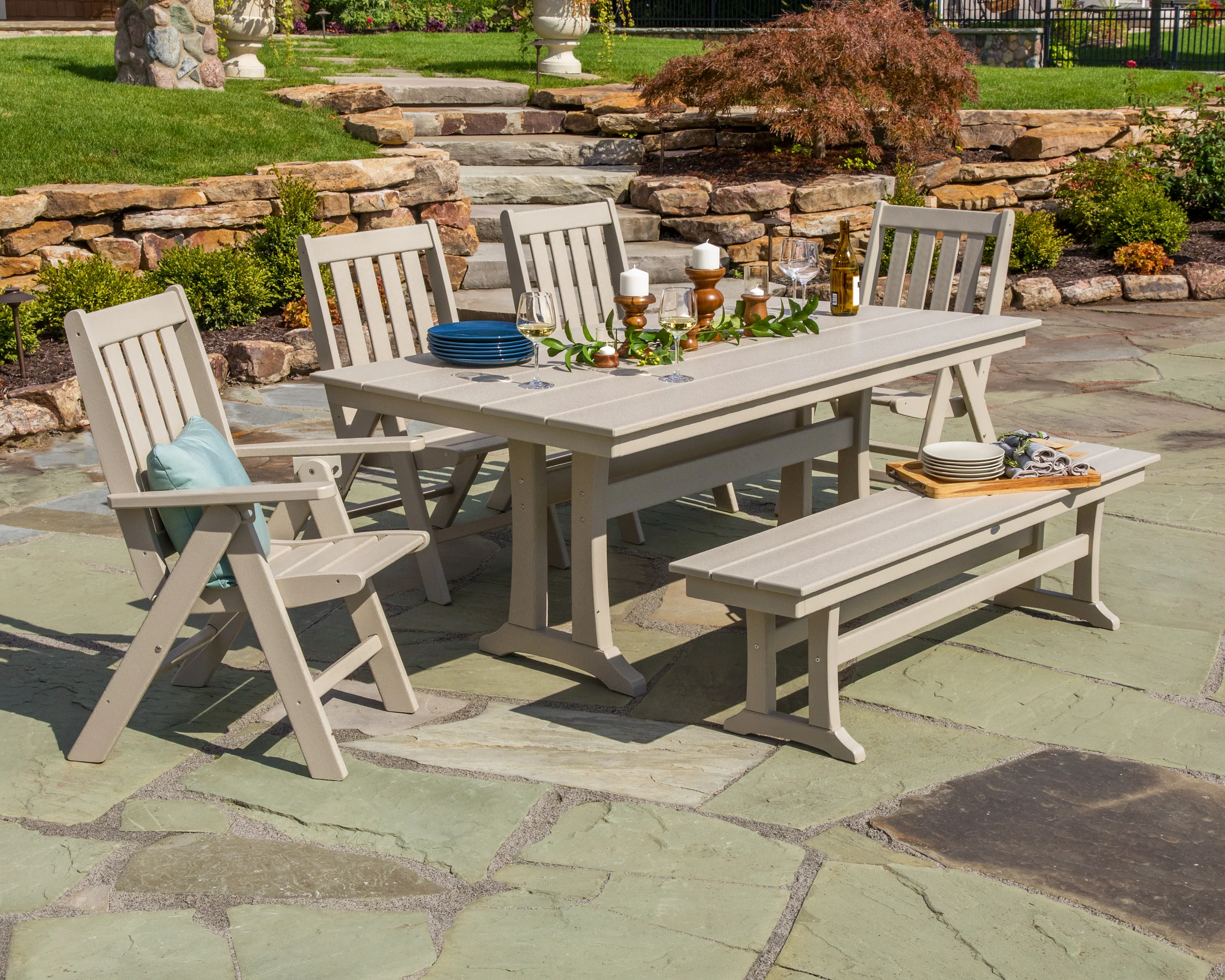 Vineyard 6-Piece Folding Chair Farmhouse Dining Set with Trestle Legs and Bench - Image 3