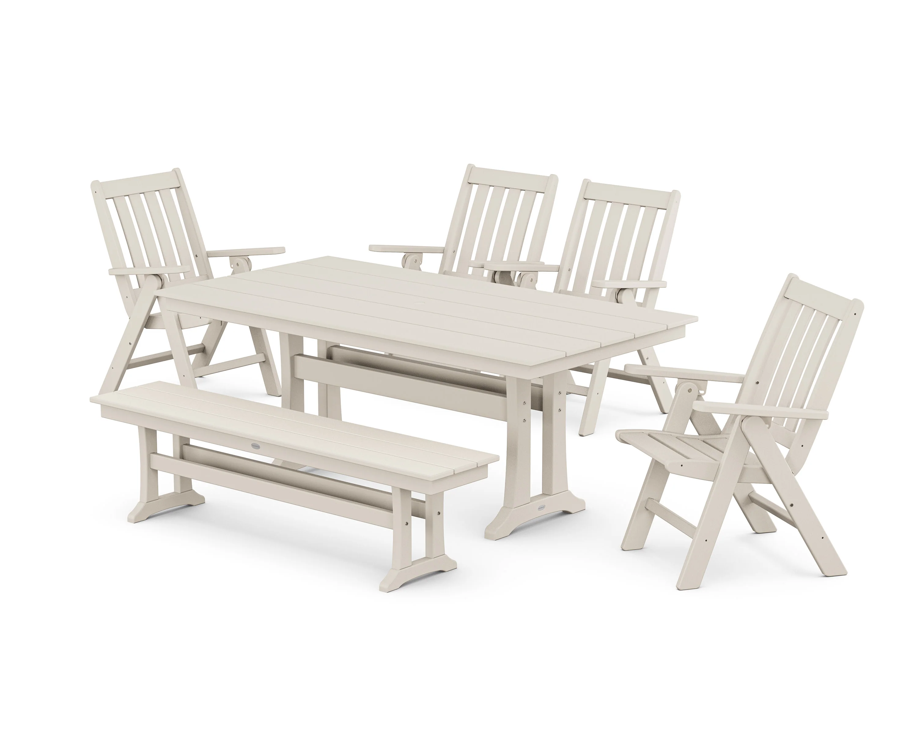 Vineyard 6-Piece Folding Chair Farmhouse Dining Set with Trestle Legs and Bench - Image 9
