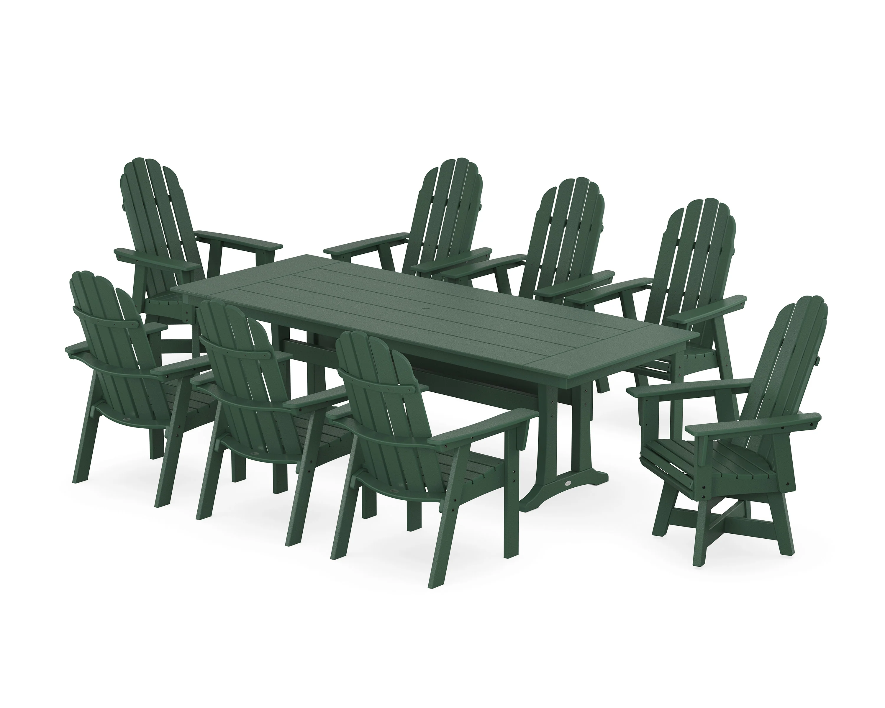 Vineyard 9-Piece Curveback Adirondack Swivel Farmhouse Dining Set with Trestle Legs - Image 10
