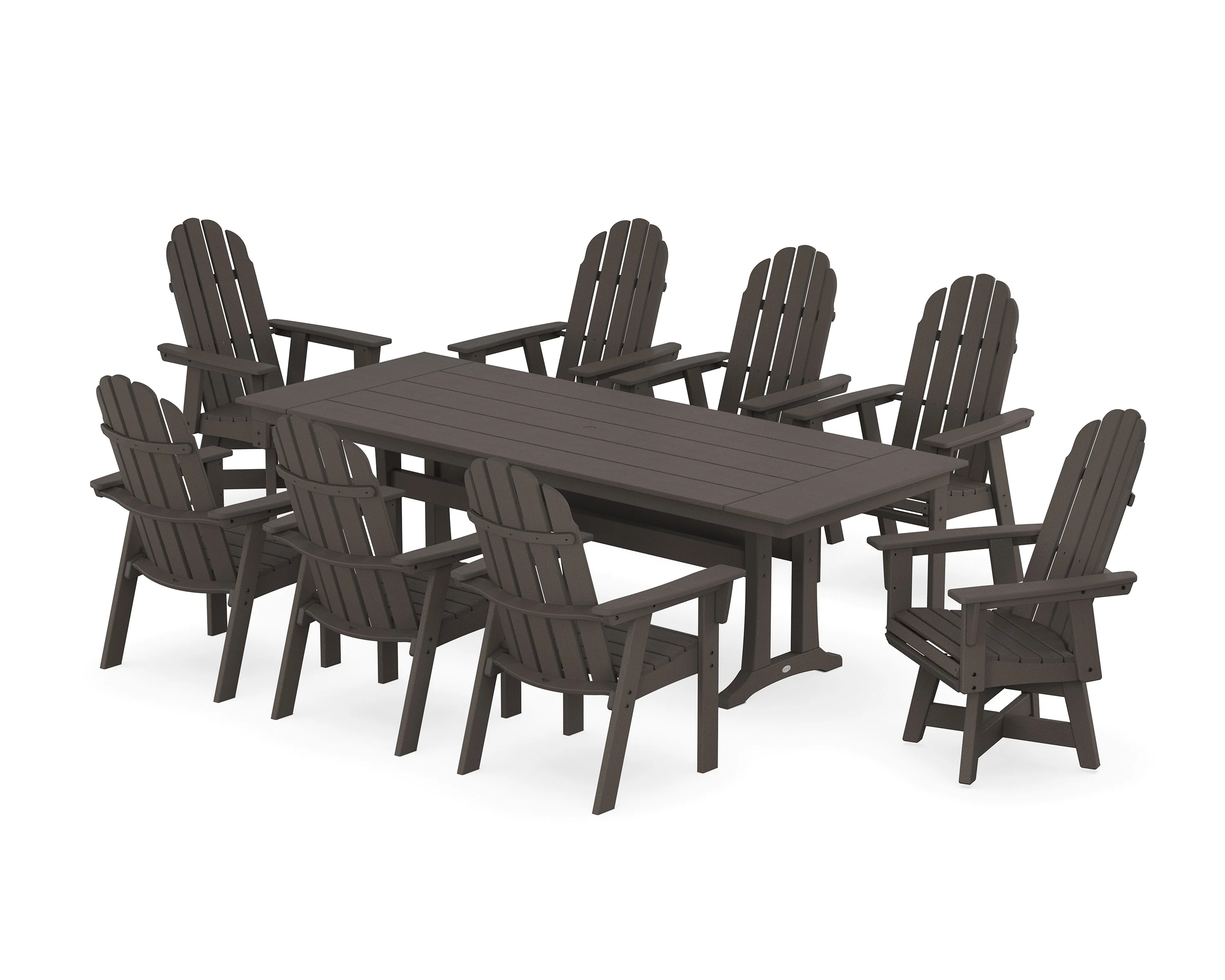 Vineyard 9-Piece Curveback Adirondack Swivel Farmhouse Dining Set with Trestle Legs - Image 11