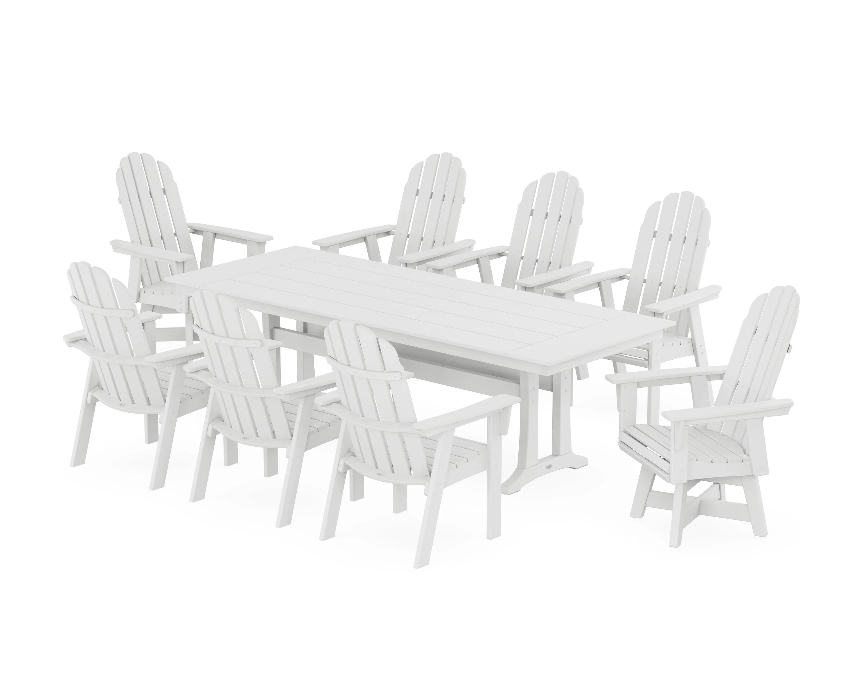 Vineyard 9-Piece Curveback Adirondack Swivel Farmhouse Dining Set with Trestle Legs - Image 12