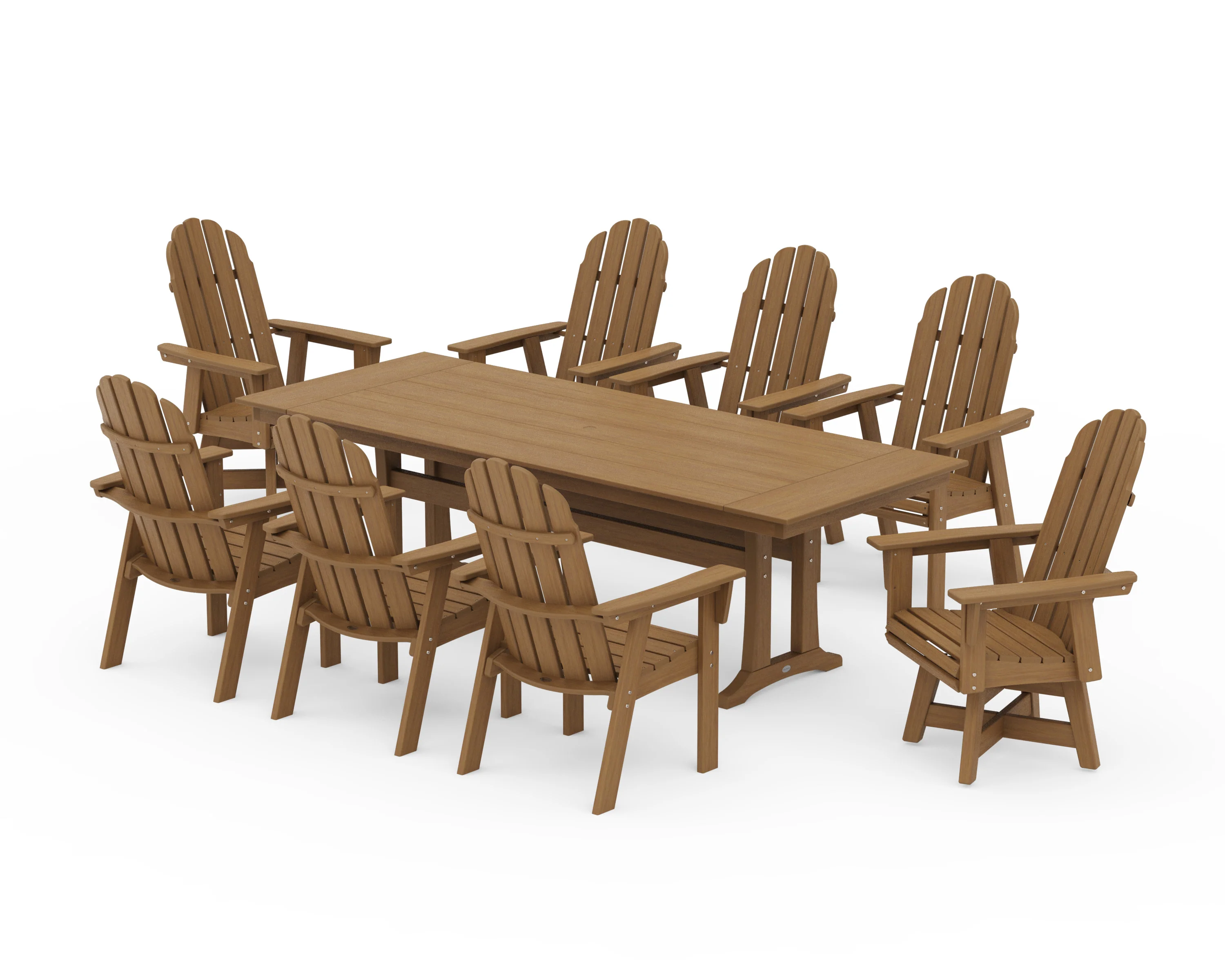 Vineyard 9-Piece Curveback Adirondack Swivel Farmhouse Dining Set with Trestle Legs - Image 13