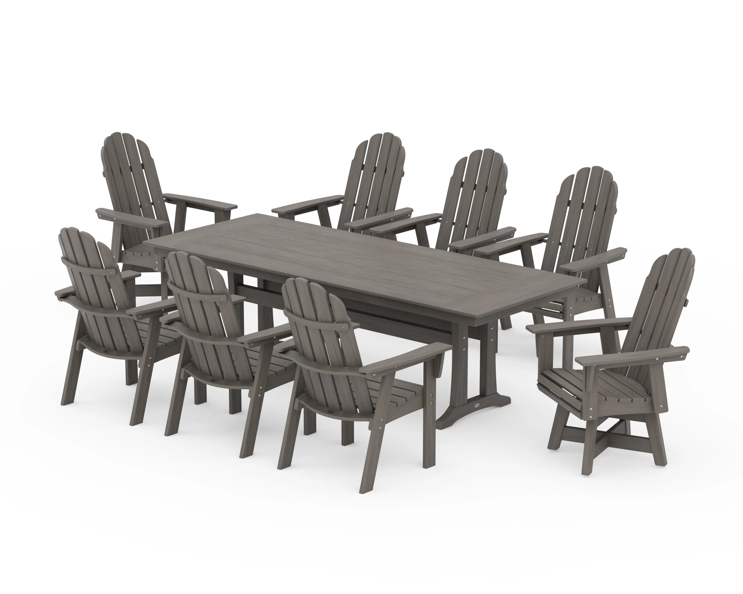 Vineyard 9-Piece Curveback Adirondack Swivel Farmhouse Dining Set with Trestle Legs - Image 14