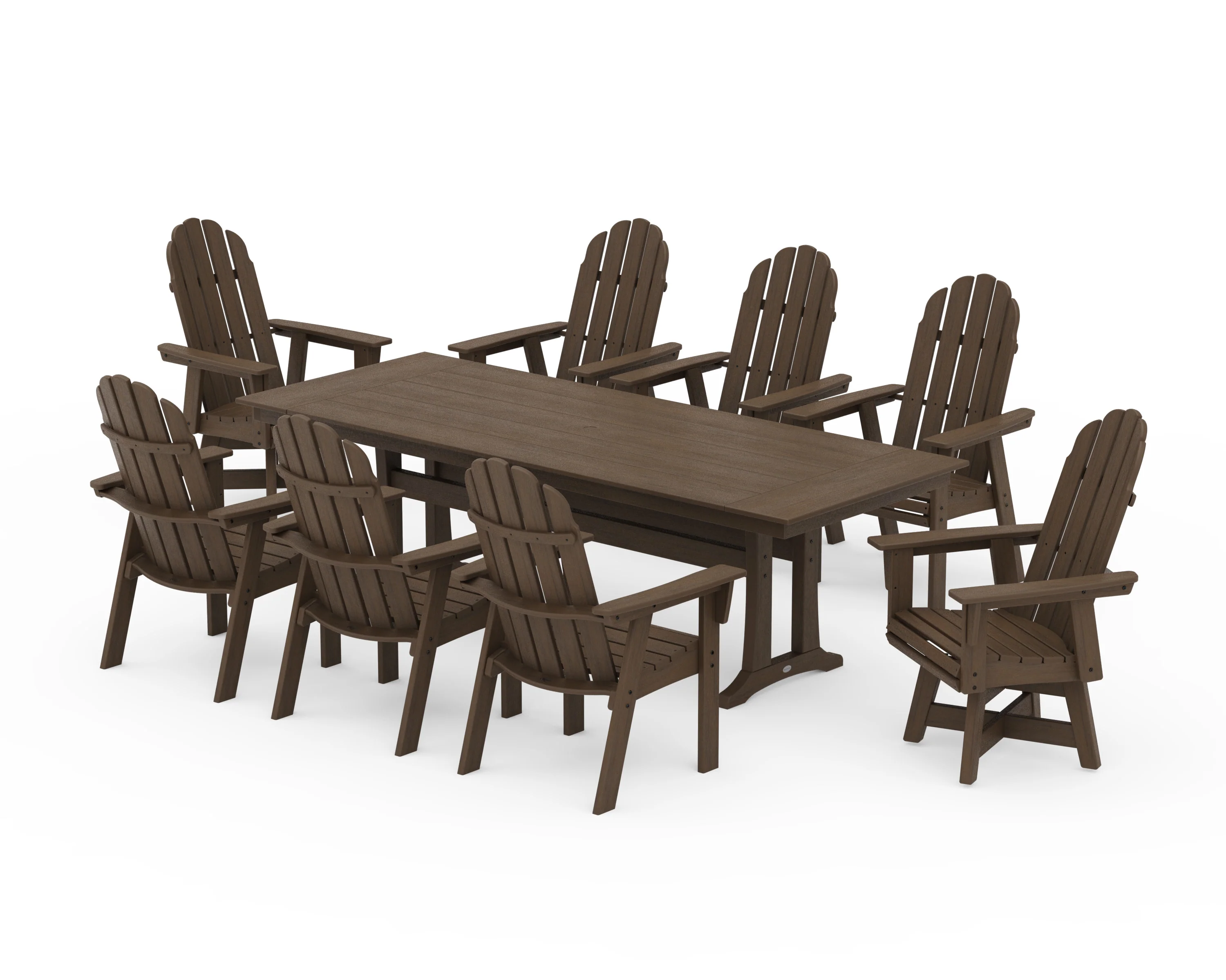 Vineyard 9-Piece Curveback Adirondack Swivel Farmhouse Dining Set with Trestle Legs - Image 15