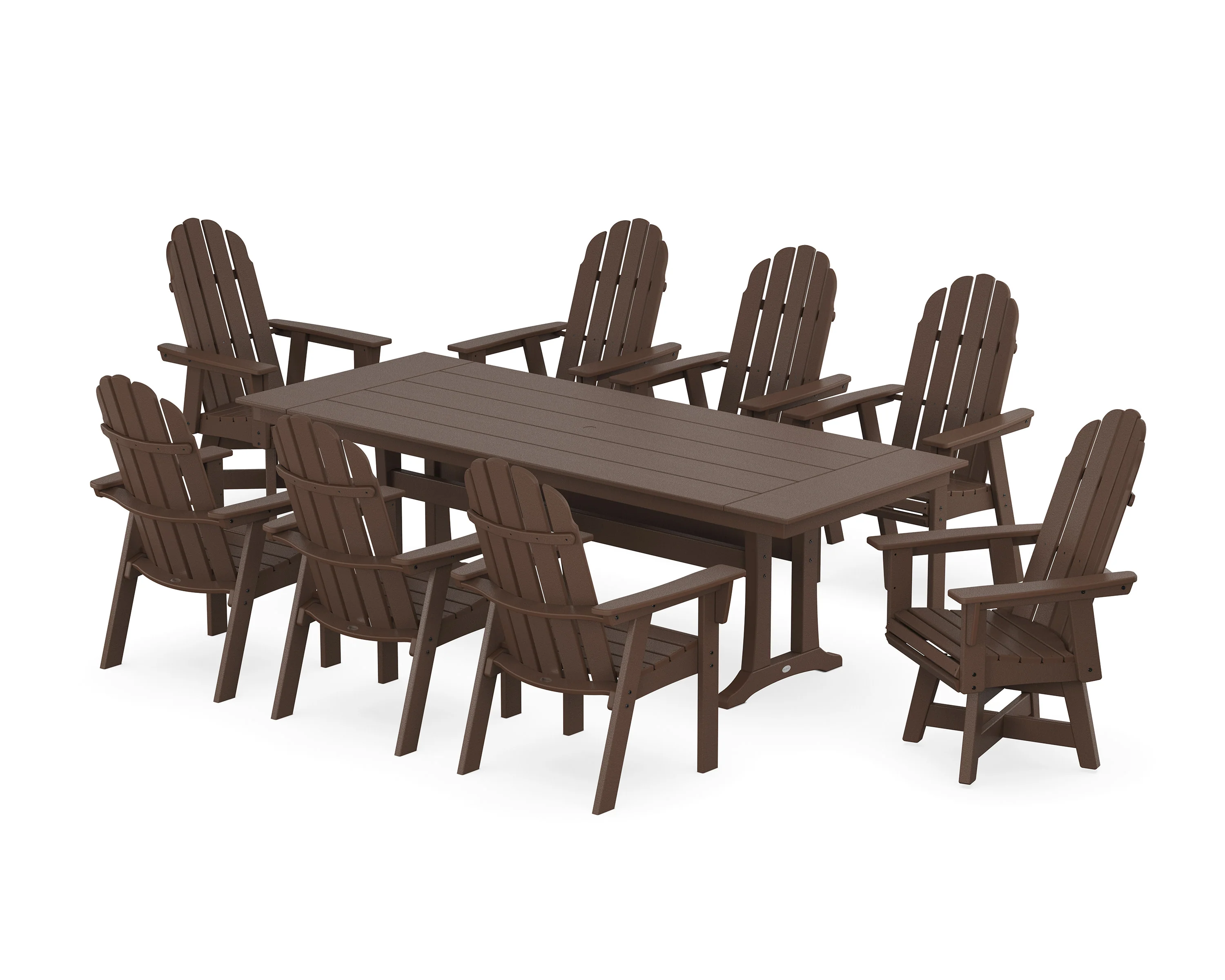 Vineyard 9-Piece Curveback Adirondack Swivel Farmhouse Dining Set with Trestle Legs - Image 4
