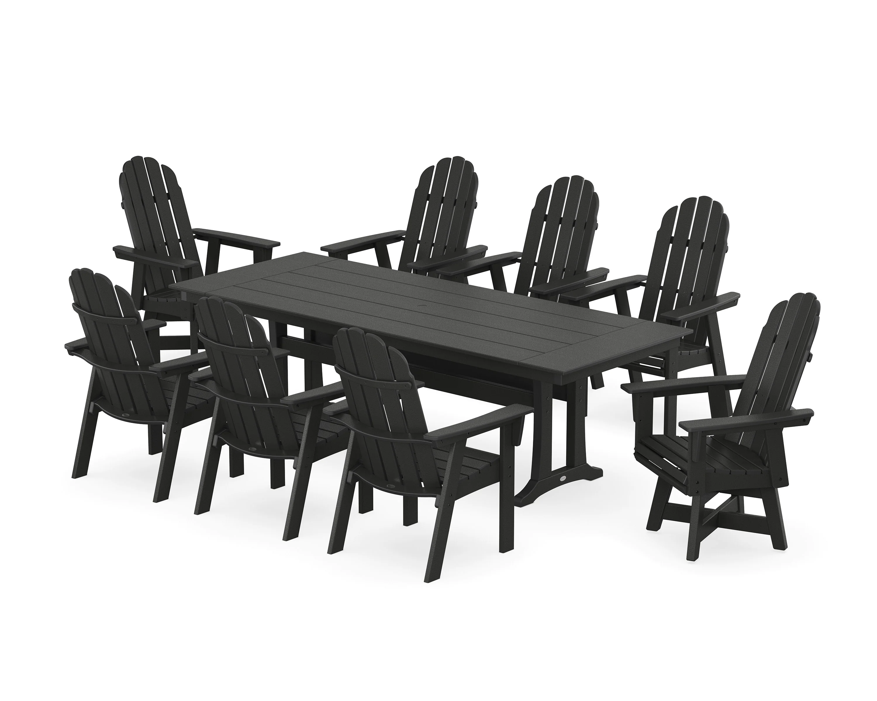 Vineyard 9-Piece Curveback Adirondack Swivel Farmhouse Dining Set with Trestle Legs - Image 6