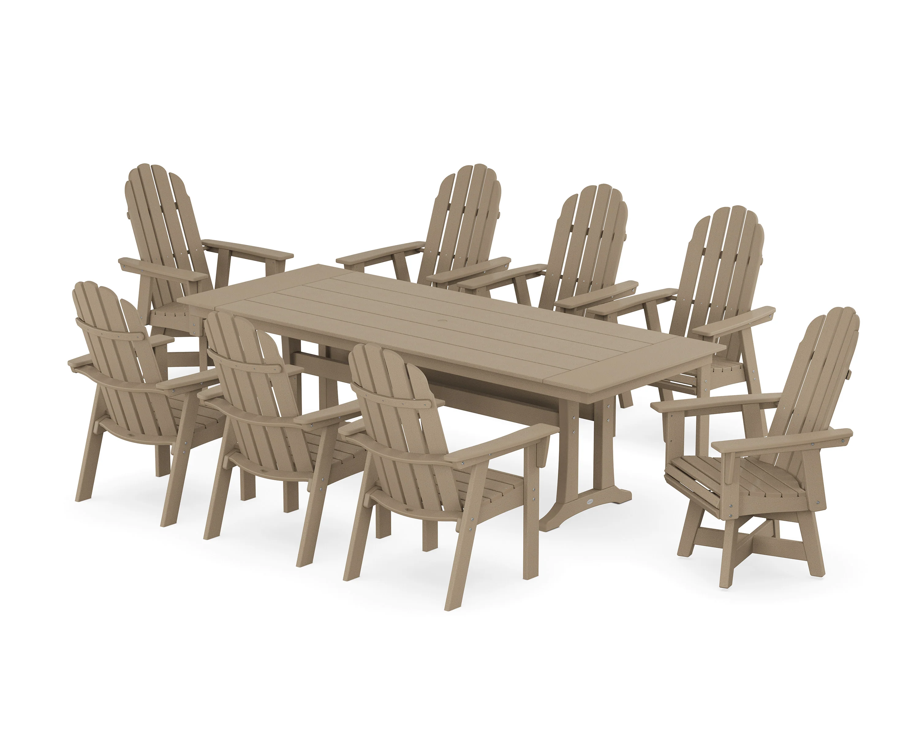 Vineyard 9-Piece Curveback Adirondack Swivel Farmhouse Dining Set with Trestle Legs - Image 8