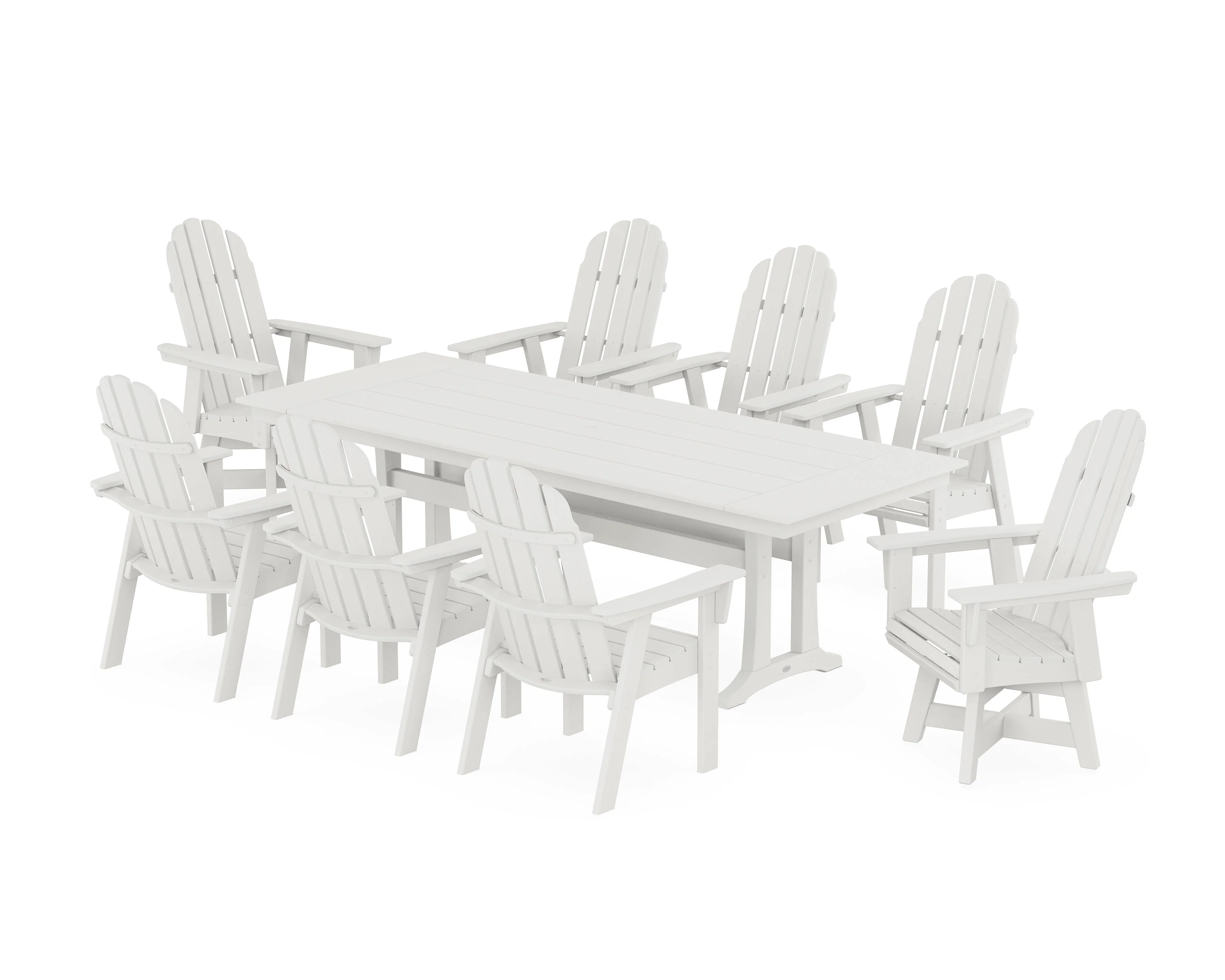 Vineyard 9-Piece Curveback Adirondack Swivel Farmhouse Dining Set with Trestle Legs - Image 9