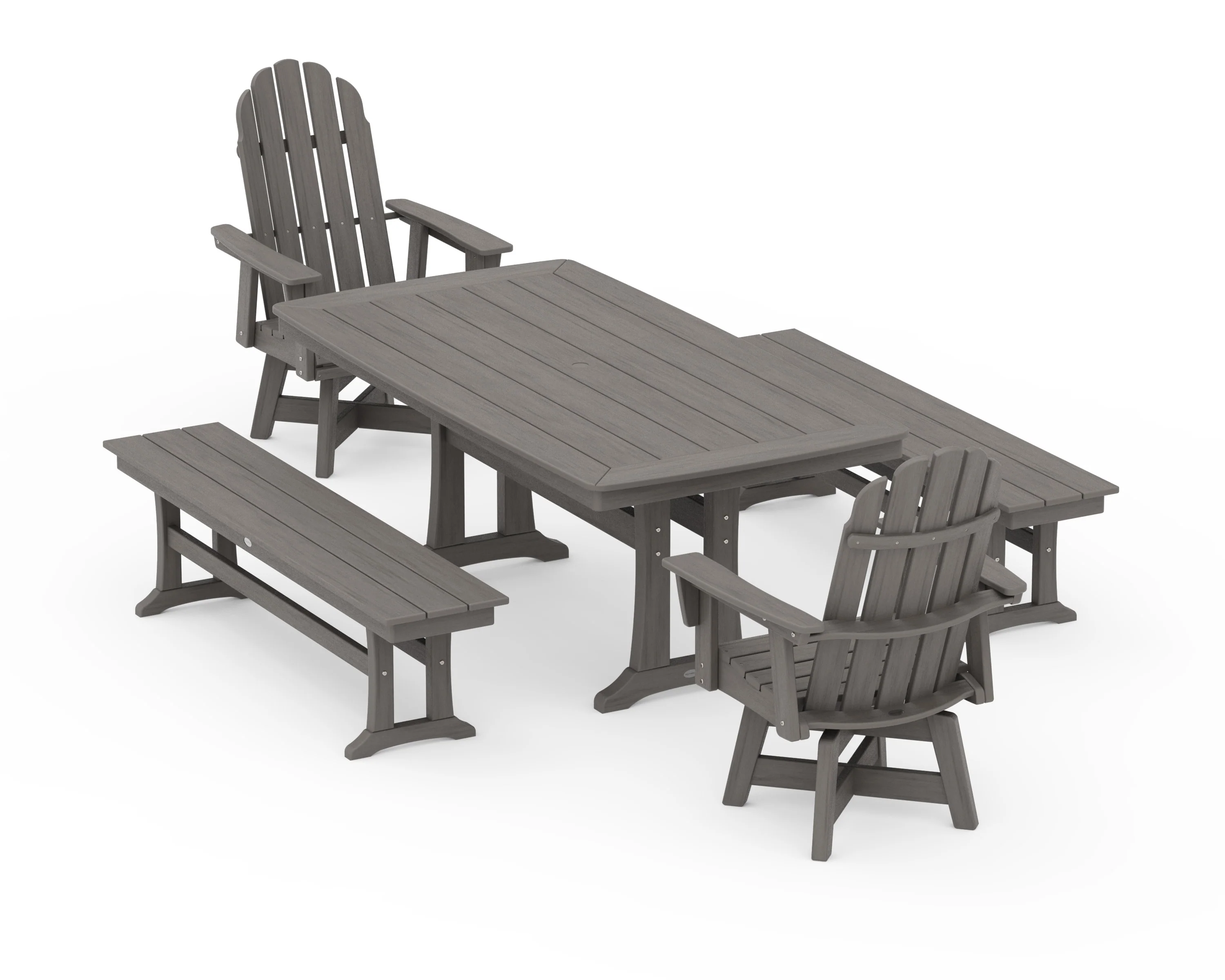 Vineyard Adirondack Swivel Chair 5-Piece Dining Set with Trestle Legs and Benches - Image 14