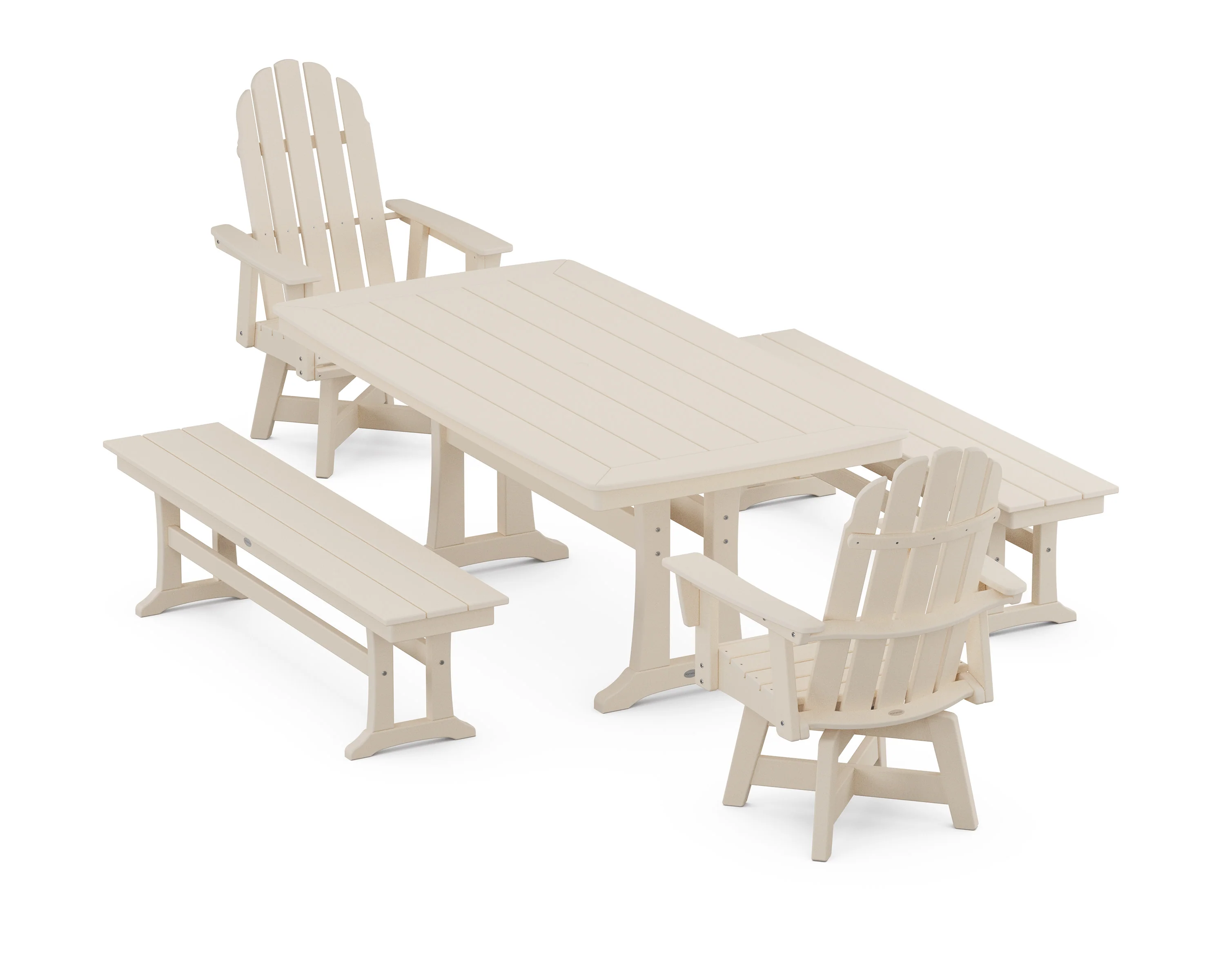 Vineyard Adirondack Swivel Chair 5-Piece Dining Set with Trestle Legs and Benches - Image 5