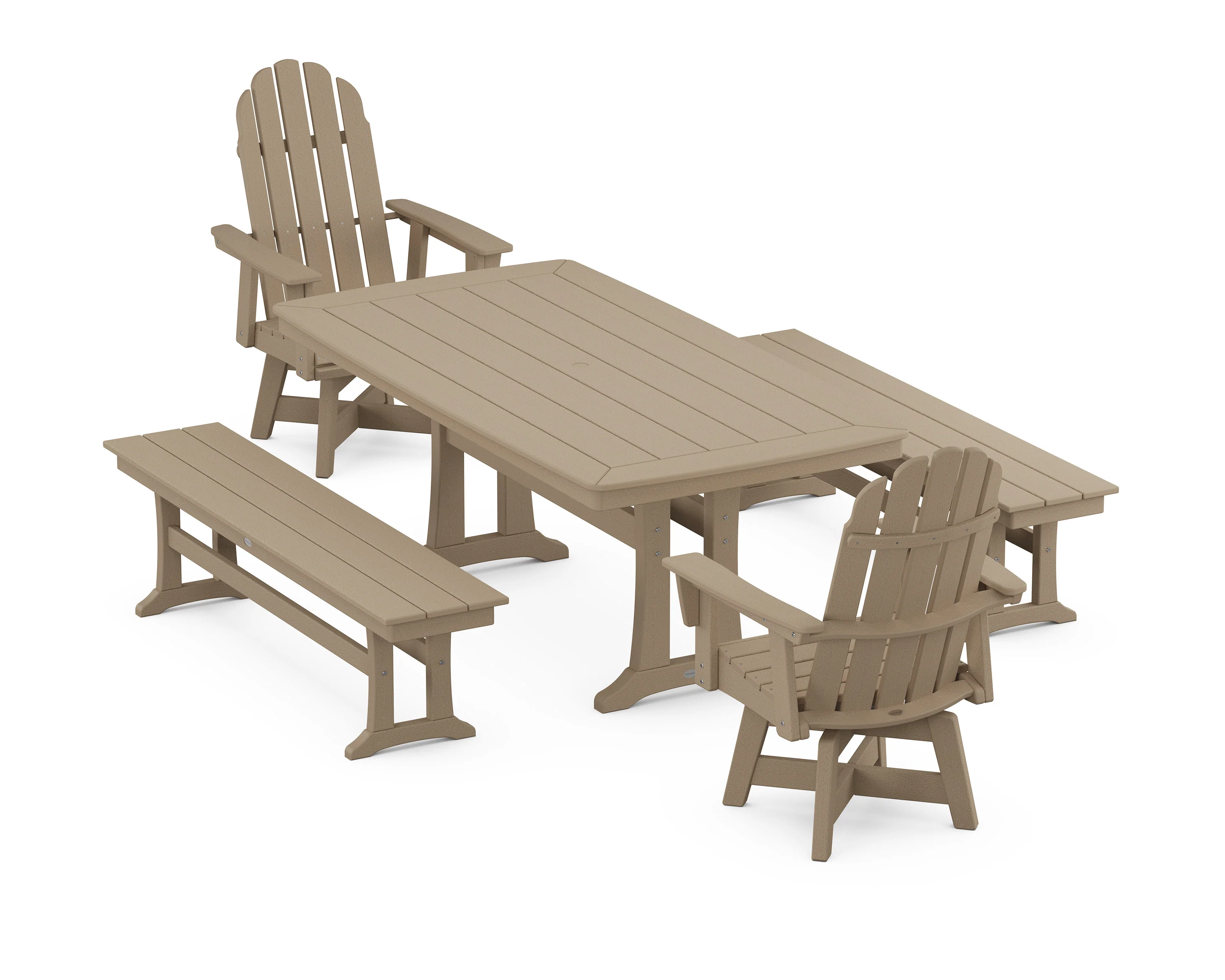 Vineyard Adirondack Swivel Chair 5-Piece Dining Set with Trestle Legs and Benches - Image 7