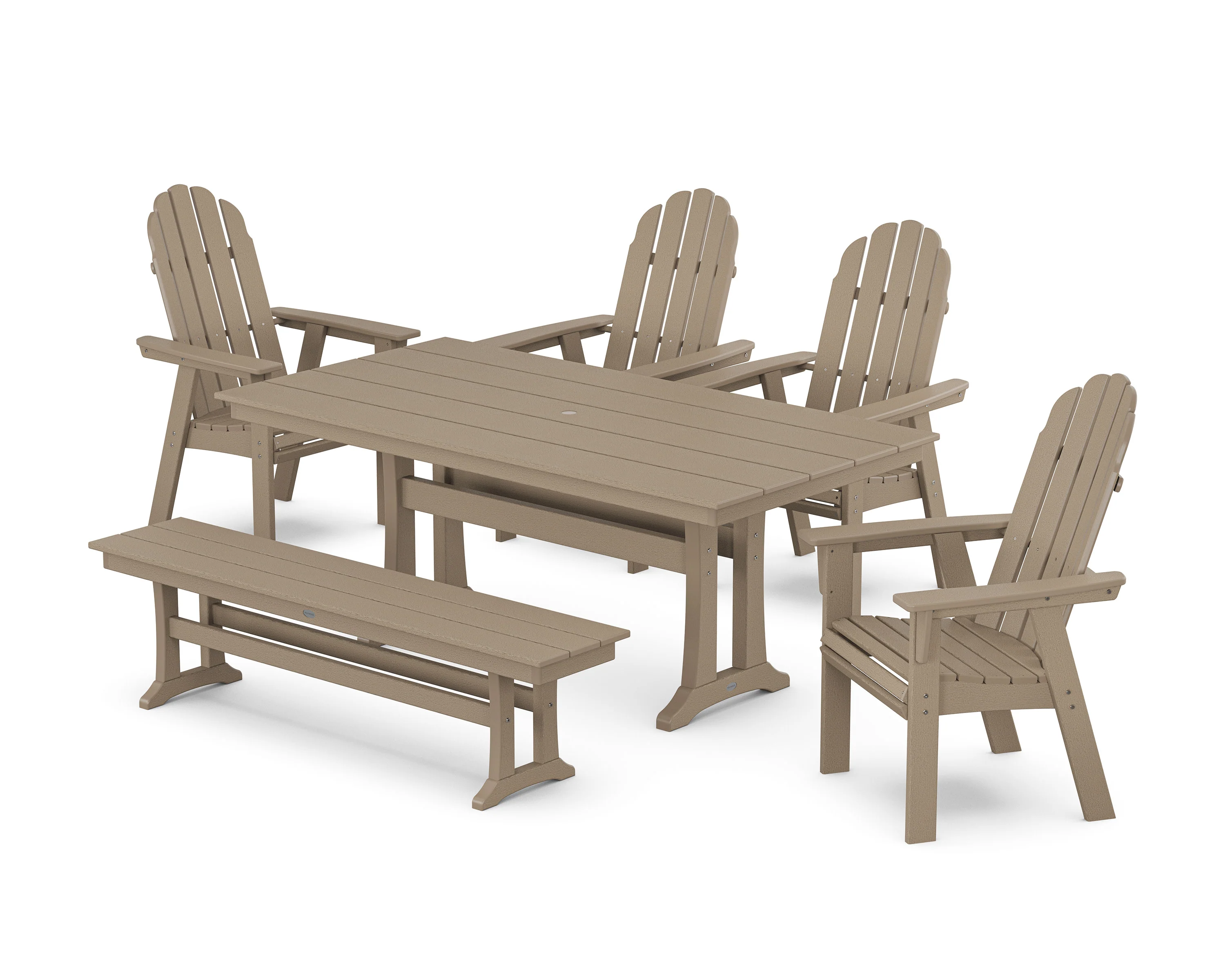 Vineyard Curveback Adirondack Chair 6-Piece Farmhouse Dining Set with Trestle Legs and Bench - Image 11