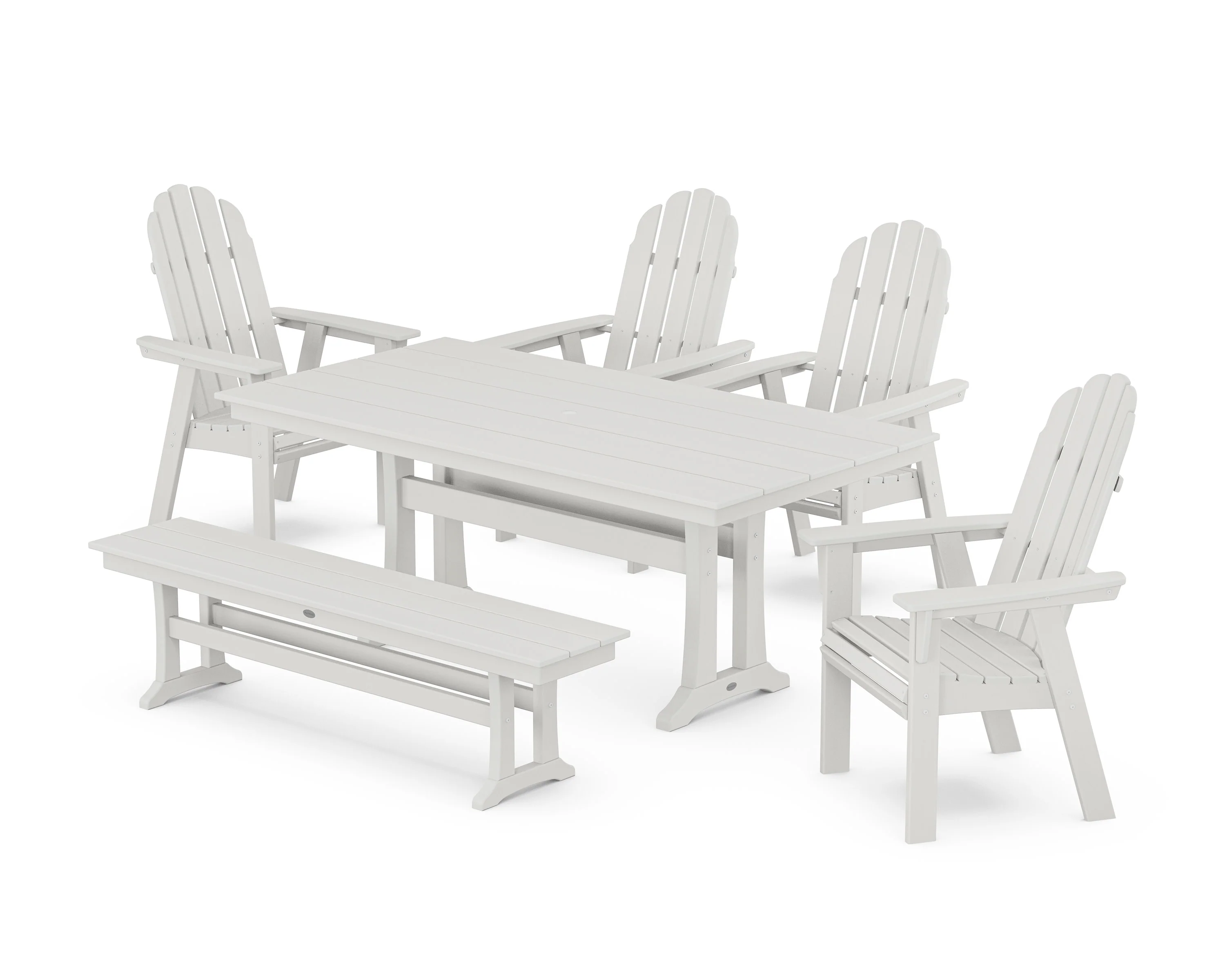 Vineyard Curveback Adirondack Chair 6-Piece Farmhouse Dining Set with Trestle Legs and Bench - Image 12